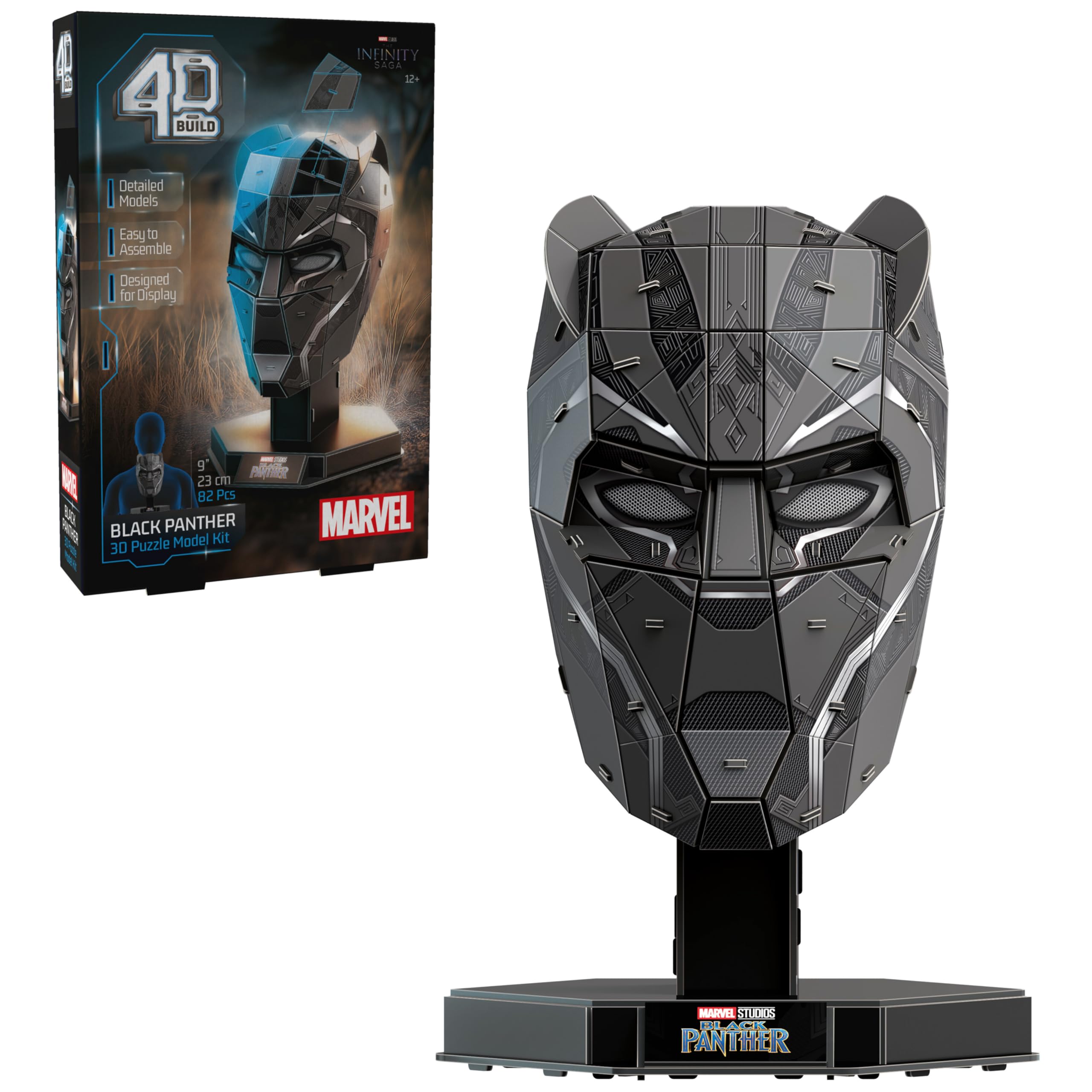 4D Build, Marvel Black Panther 3D Puzzle Model Kit with Stand 82 Pcs | Wakanda Forever Black Panther Desk Decor | 3D Puzzles for Adults & Teens 12+
