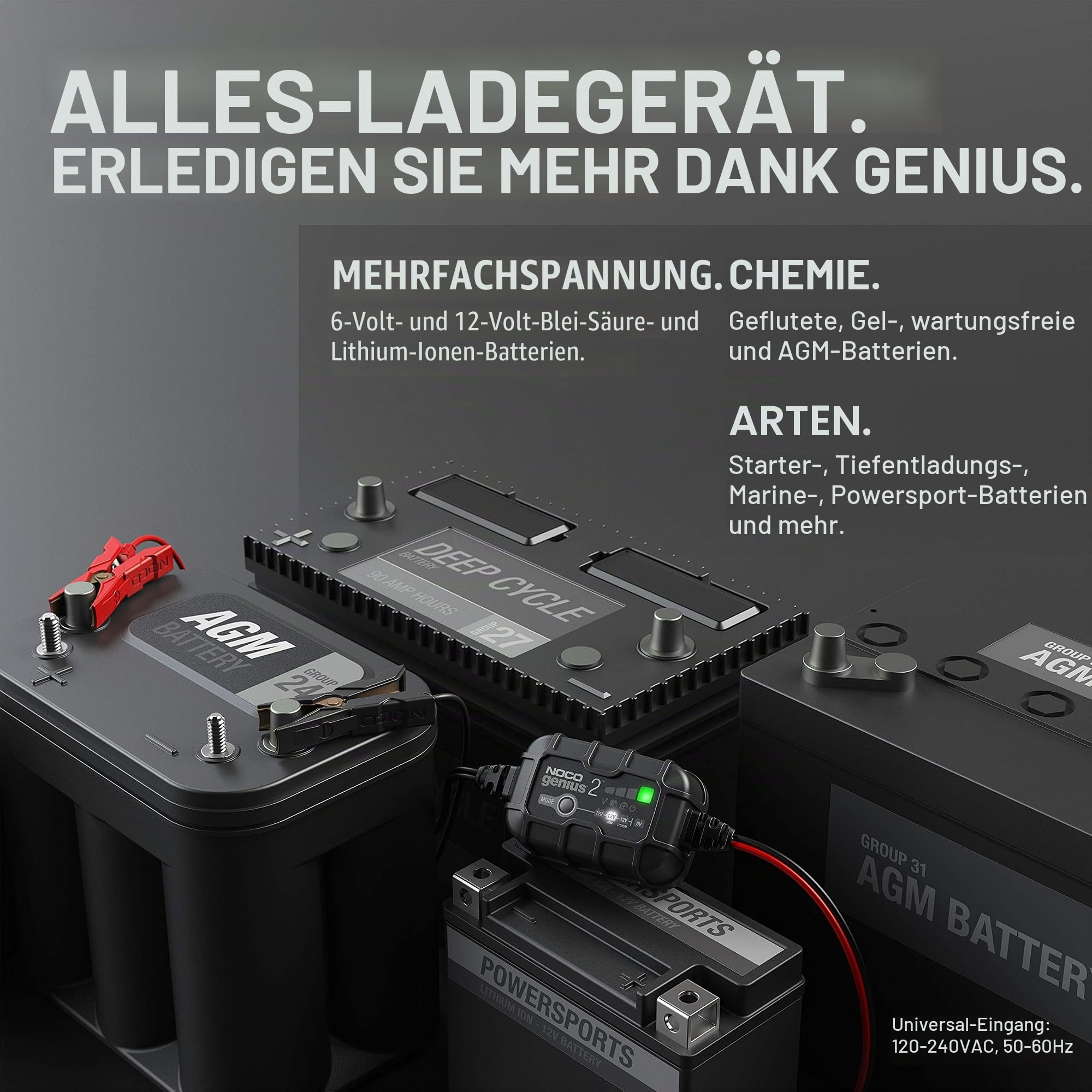 NOCO GENIUS2: 2A 6V/12V Smart Batterieladegerät - Automatischer Pfleger, Erhaltungsladegerät & Desulfator mit Überladeschutz & Temperaturkompensation - Für Blei-Säure- & Lithium-Batterien