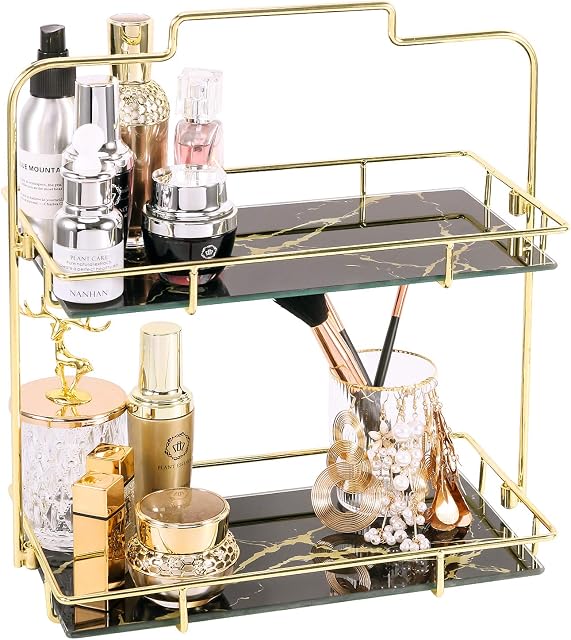 Simmer Stone Makeup Organizer Shelf, 2 Tier Cosmetic Storage Basket with Removable Glass Tray, Wire Vanity Organizer Rack for Dresser, Countertop, Bathroom and More, Gold