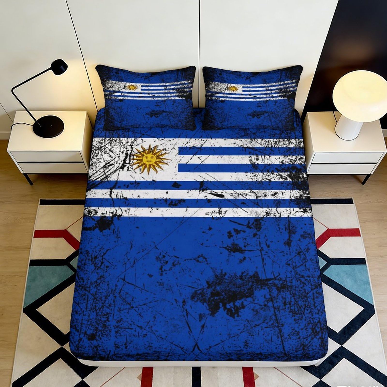 3D Printed Uruguay Flag Fitted Sheet Microfiber Deep Pocket Non-Slip Bedroom Bedding Uruguayan Mattress Fitted Cover 200x200x25cm 90x200x25cm