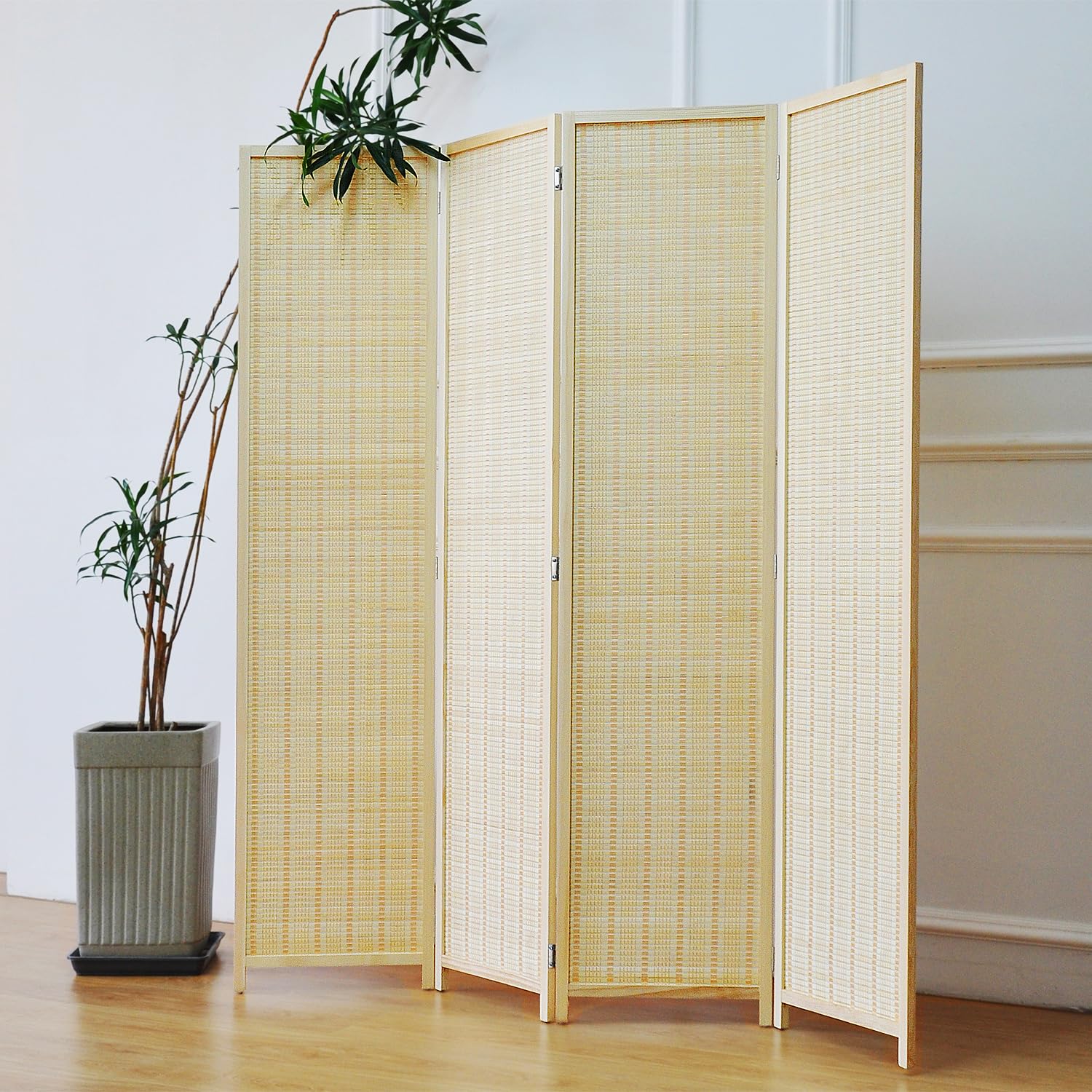 Photo 1 of [DAMAGED ON ONE CORNER] Furnnylane 4 Panel Bamboo Room Divider - 5.6 ft Tall Folding Privacy Screen, Natural Beige Freestanding Partition Wall for Home Office & Room Separation (67" H x 61.4" W)