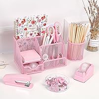 Vista 9 de SKYDUE Pink Desk Accessories, Pink Office Supplies Set, Mesh Desk Organizer, Stapler, Tape Dispenser, Scissors, Binder/Paper Clips and 1000pcs