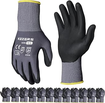 KEZERS 12 Pairs Nitrile Coated Safety Work Gloves for Men and Women