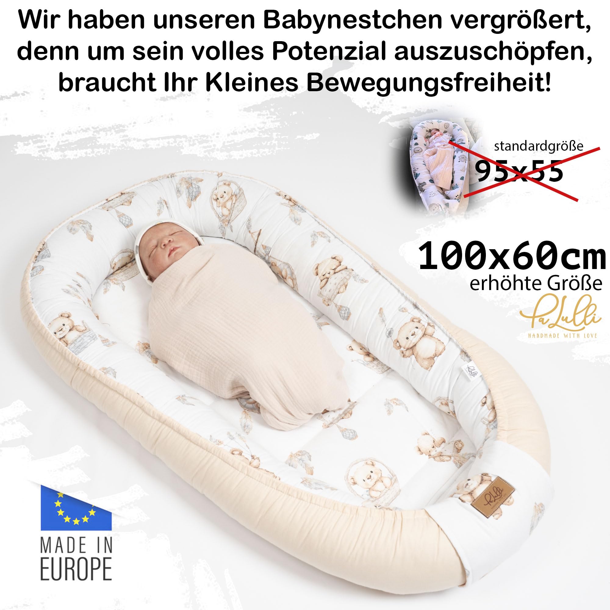 PaLulli® Nido de bebé extra grande 100x60 cm de algodón | Nido de osos suave de dos lados para bebés | Hecho a mano, transpirable y seguro (Oso Beige)