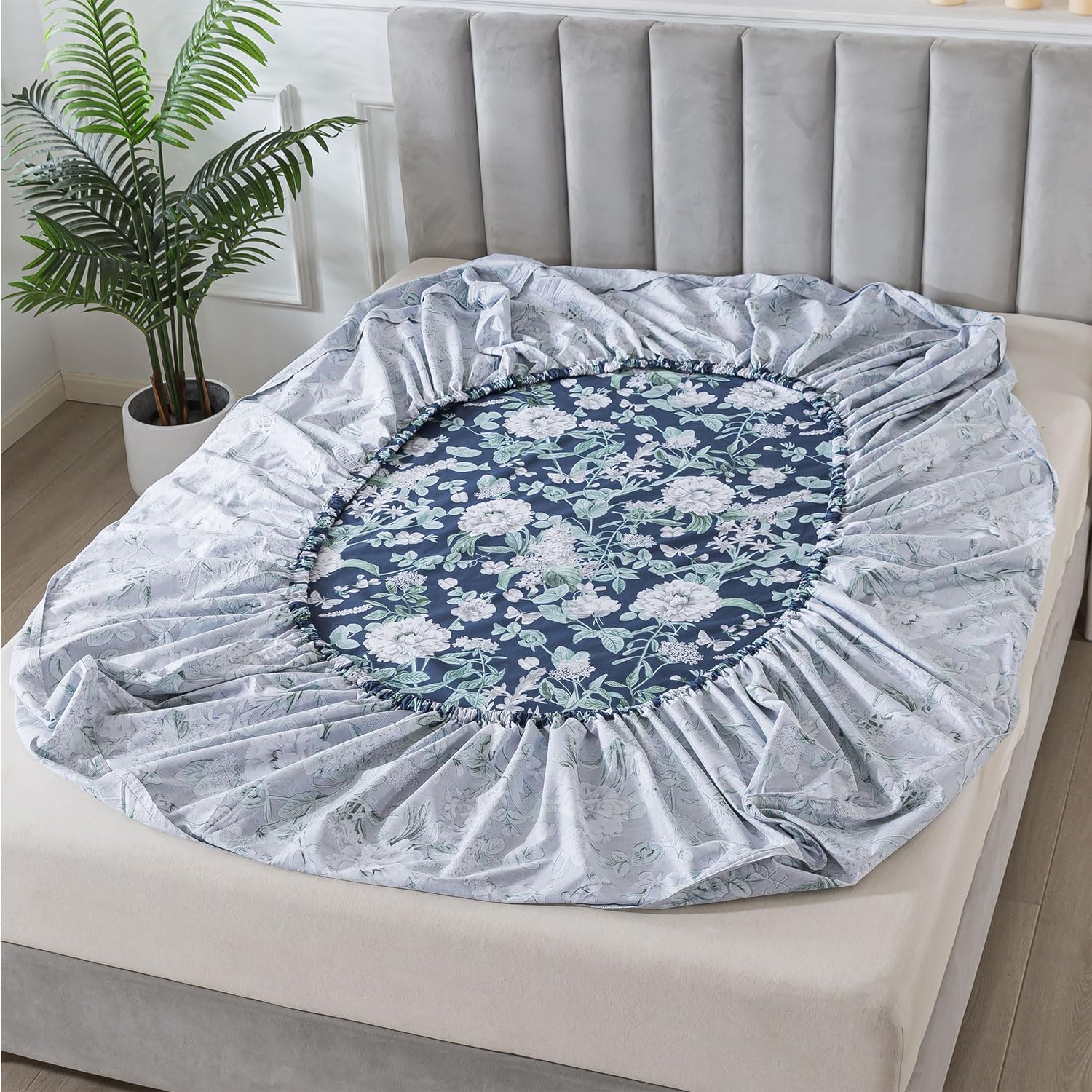 FADFAY Queen Sheets Set 100% Cotton Floral Bed Sheets Deep Pocket Fitted Sheet, Classic Fashion Home Life‌ Elegant Rose Peony Floral Printed Vintage Bedding for All Season,Soft Crisp & Breathable 4pcs