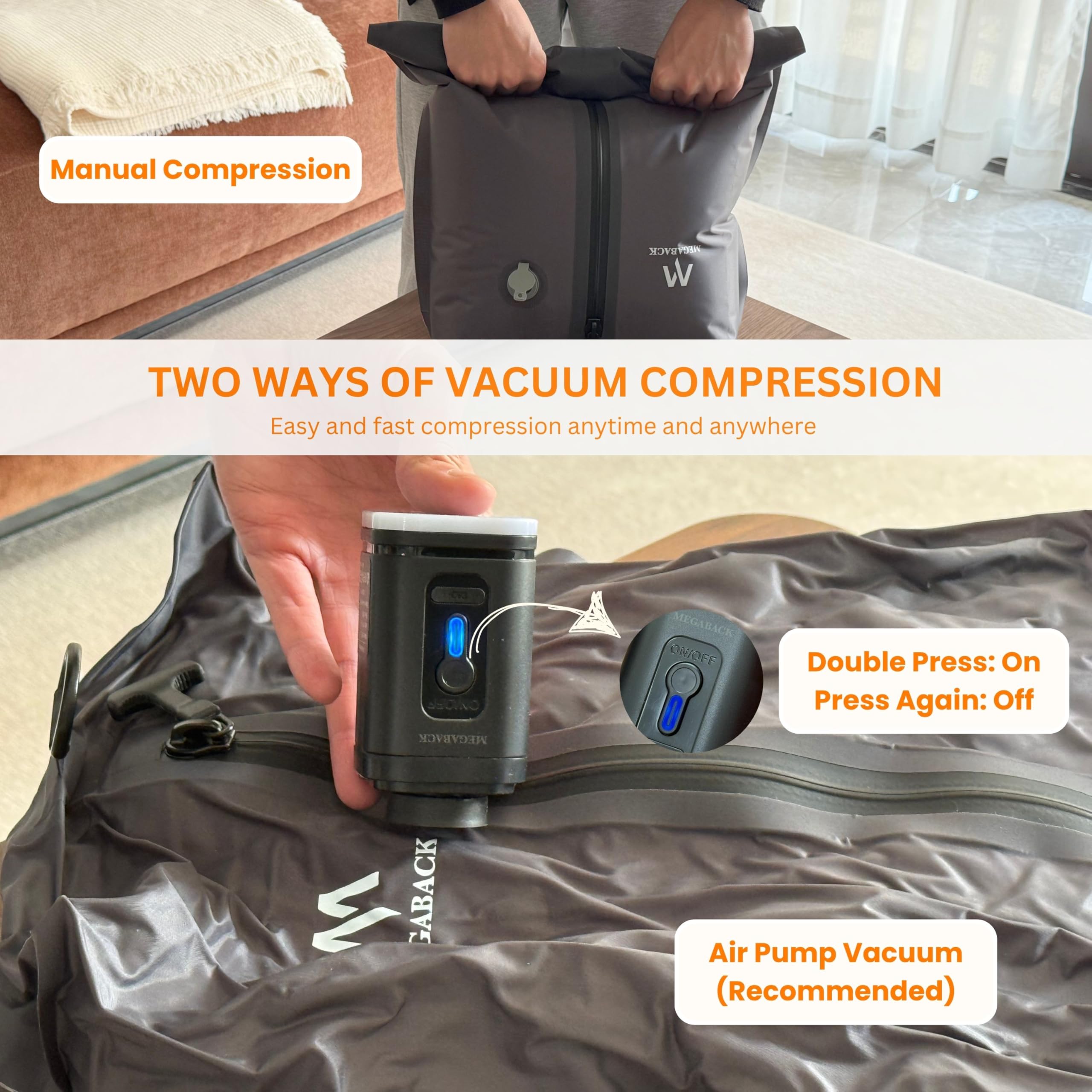 Bolsas de vacío para viajes, bolsas de sellado al vacío reutilizables IP67 para ropa con bomba eléctrica, cubo de embalaje sellado al vacío para maletas, mochila y viajes (1 unidad + bomba)