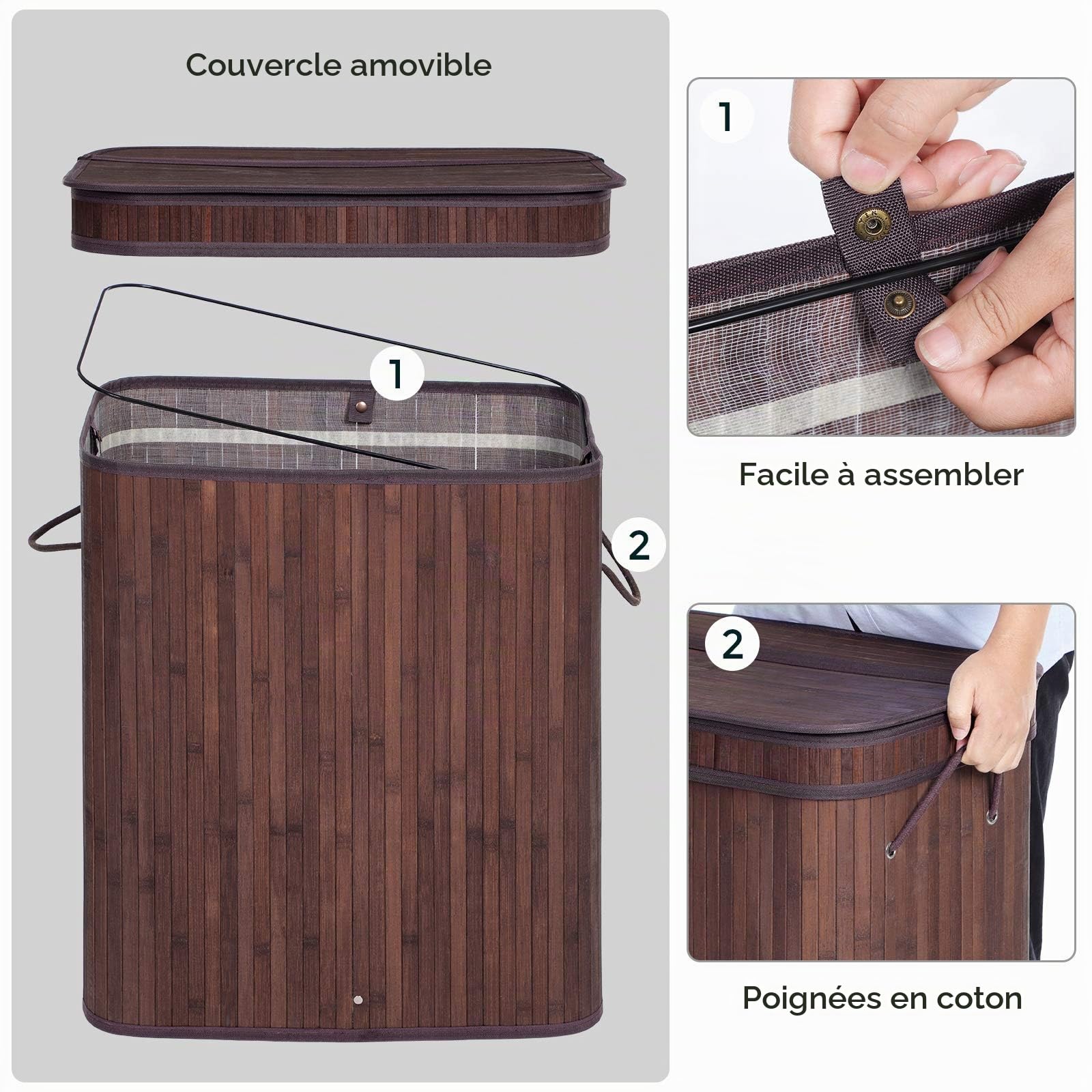 Panier à linge en bambou, 72 L – Collecteur de linge avec 2 compartiments – brun, avec couvercle et fermeture éclair – pour linge clair et linge foncé – pour salle de bain, chambre ou buanderie (Brun)
