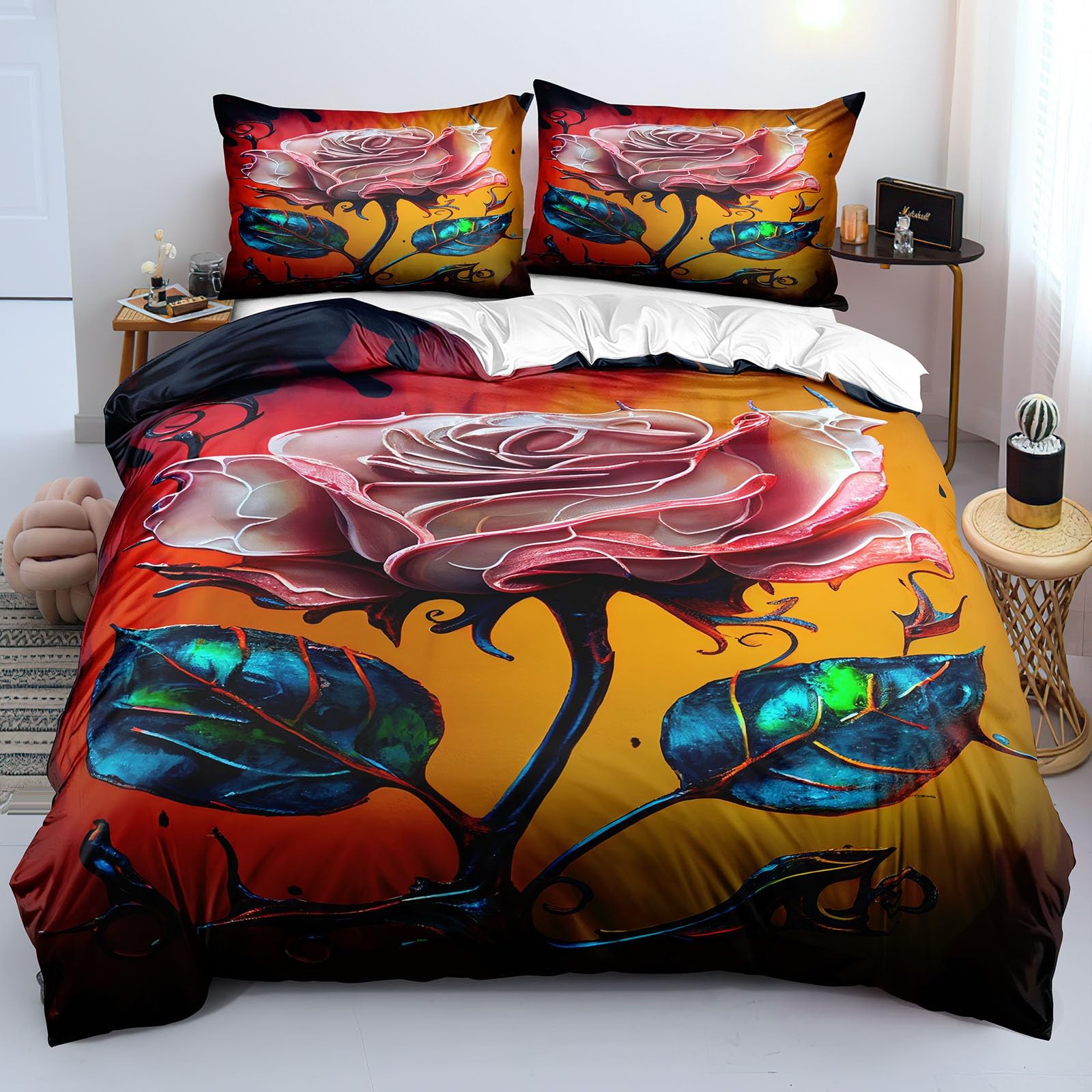 Housse de couette rose microfibre lit double avec taies d'oreiller fermeture éclair K38