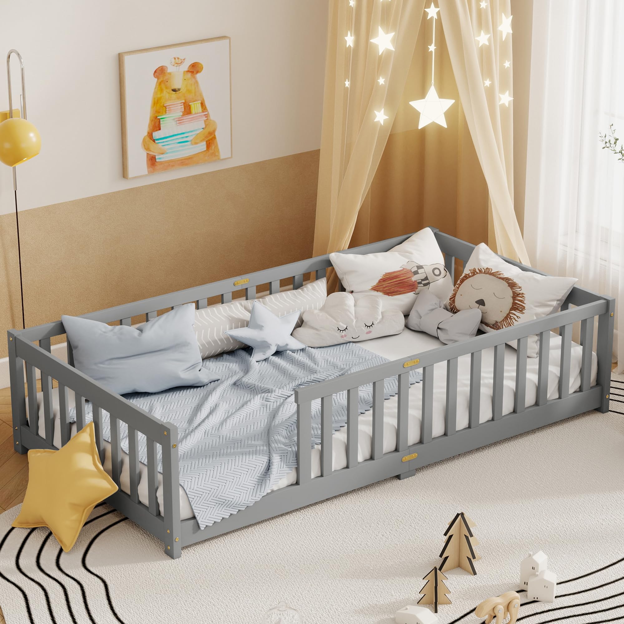 Twin Floor Bed with Safety Guardrails for Kids, Rubber Wood Montessori Bed with Slats, Twin Size Bed Frame for Girls and Boys,No Box Spring Needed,Grey