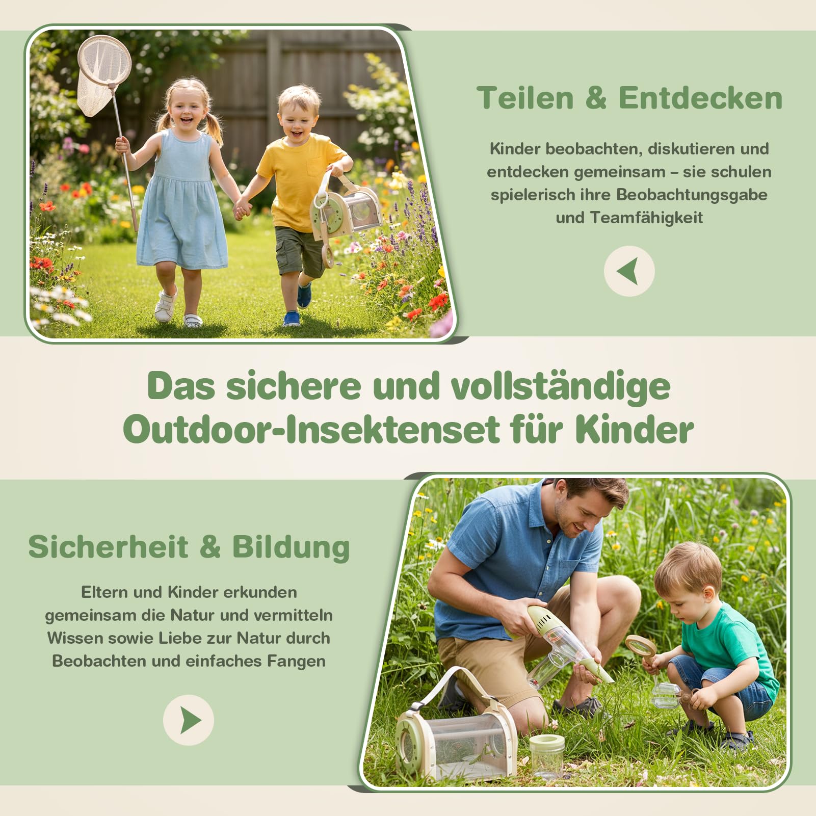 Dreamon Kinder Abenteuer Entdecker Bug Set, mit Schmetterlingsfangnetz, Insektenbeobachtungskäfig aus Holz, Becherlupen, Insektenfänger, Spielzeug für Draußen ab 3-7 Jahre, Geschenk 3-7 Jahre Junge