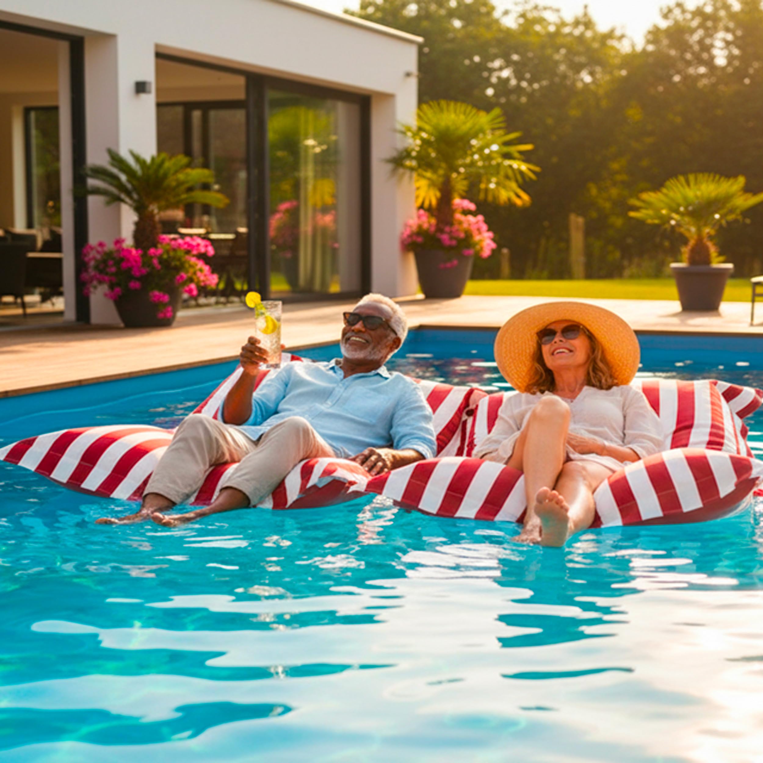 LIVEDECO – Puff Gigante XXL desenfundable, Flotante para Piscina, Rojo a Rayas Deauville Pool BiG52