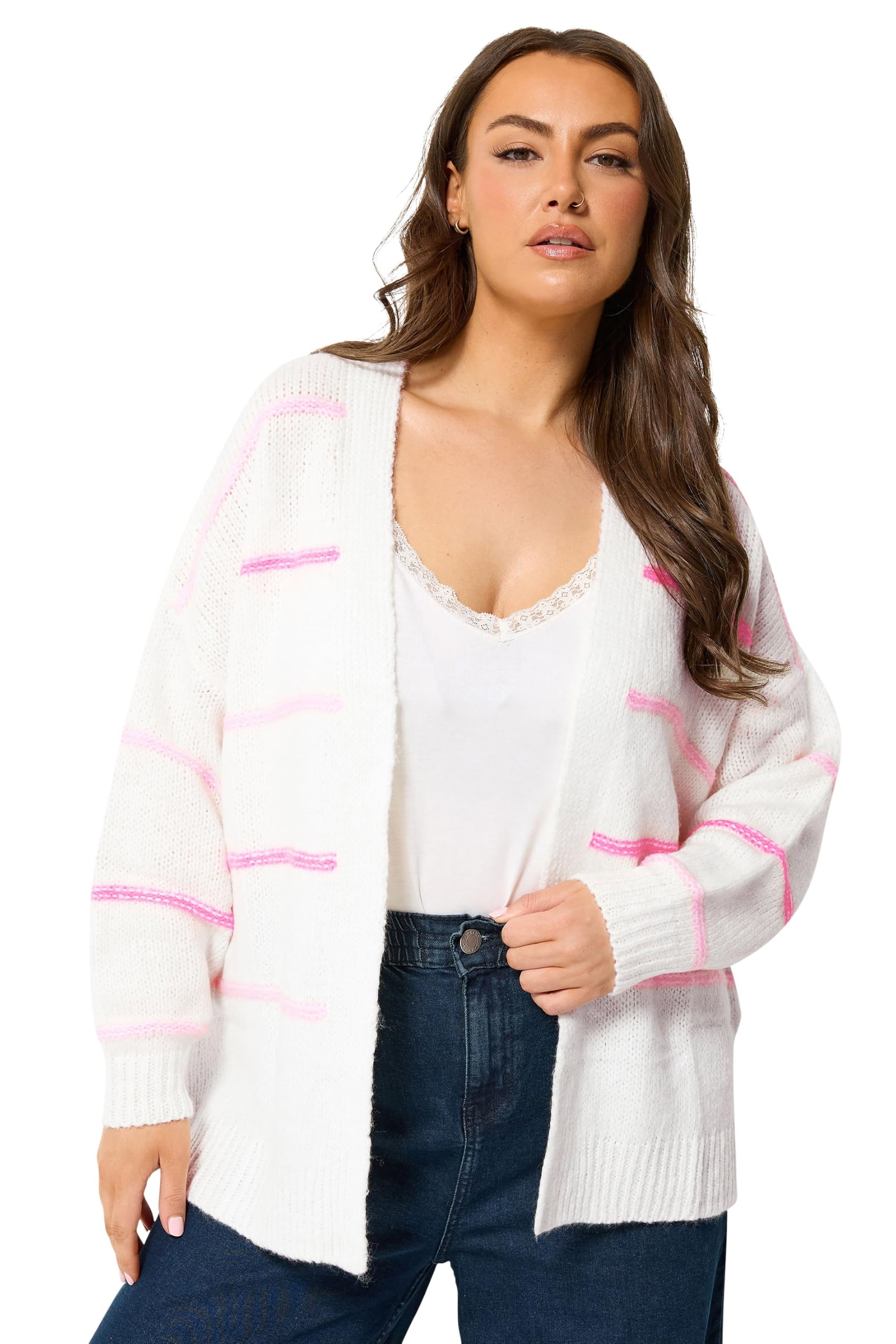 Yours Women's White Stripe Knitted Cardigan Sweater In | Size: 22-24