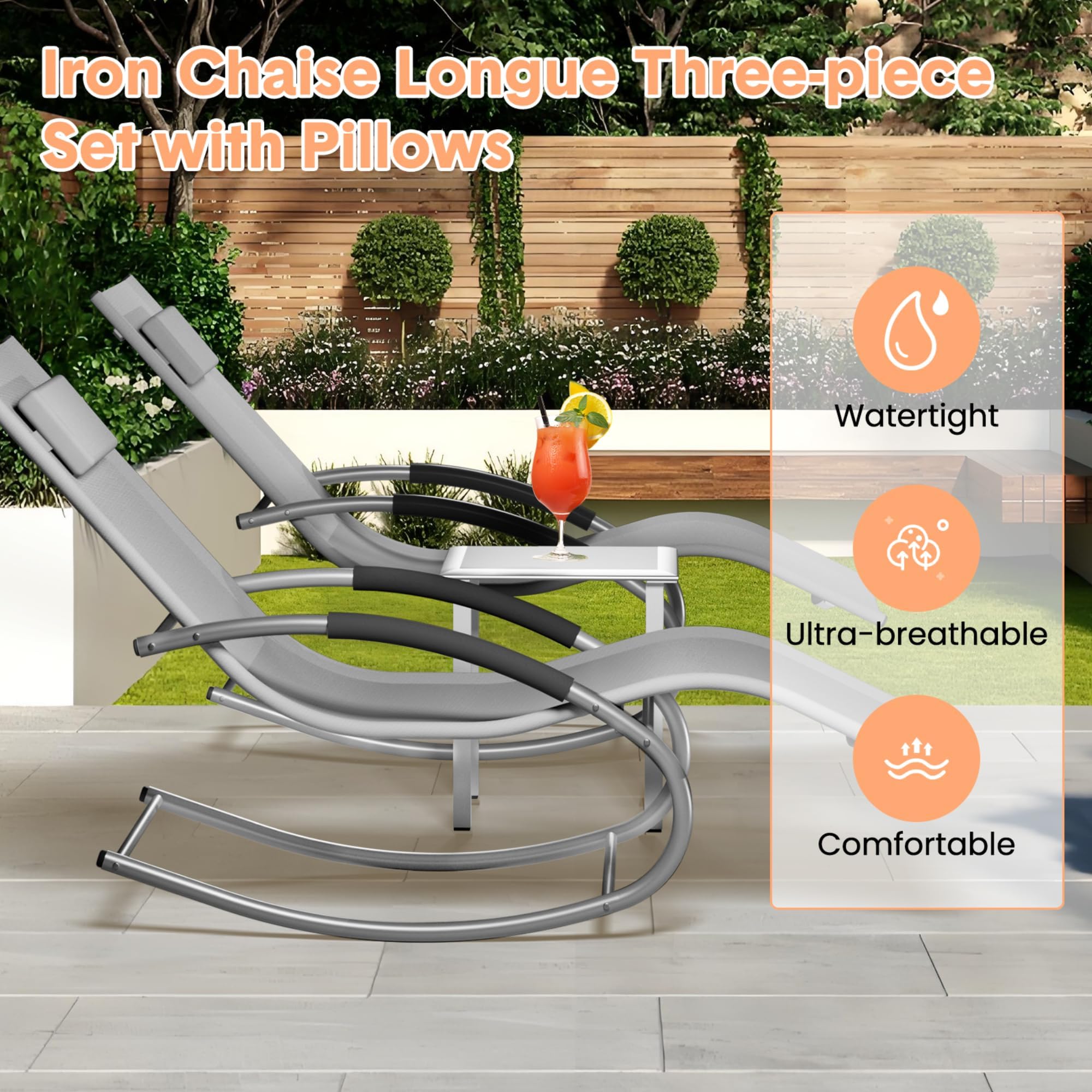 Garvee Conjunto de 2 Tumbonas de Jardín y Mesa Auxiliar, Muebles de Exterior de Hierro Transpirable con Almohadas, Hamacas Reclinables para Terraza, Patio, Balcón y Piscina, 190x58x30 cm Gris