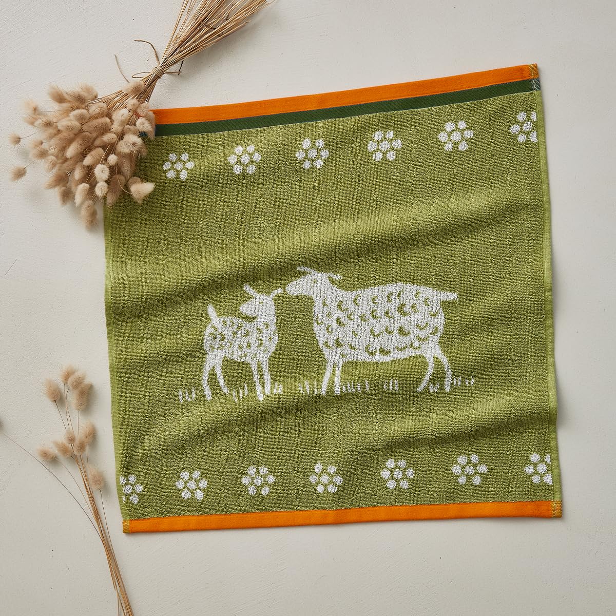 Coucke Cotton Jacquard Printed Terry Towel, Sheep, 50 x 75 cm, Green - Image 2