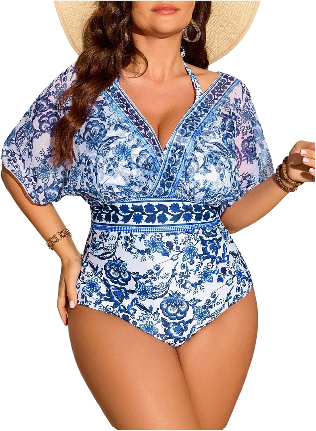 Floerns Women's Plus Size One Piece Swimsuit Floral Print Halter Tie Back Short Sleeve Beachwear