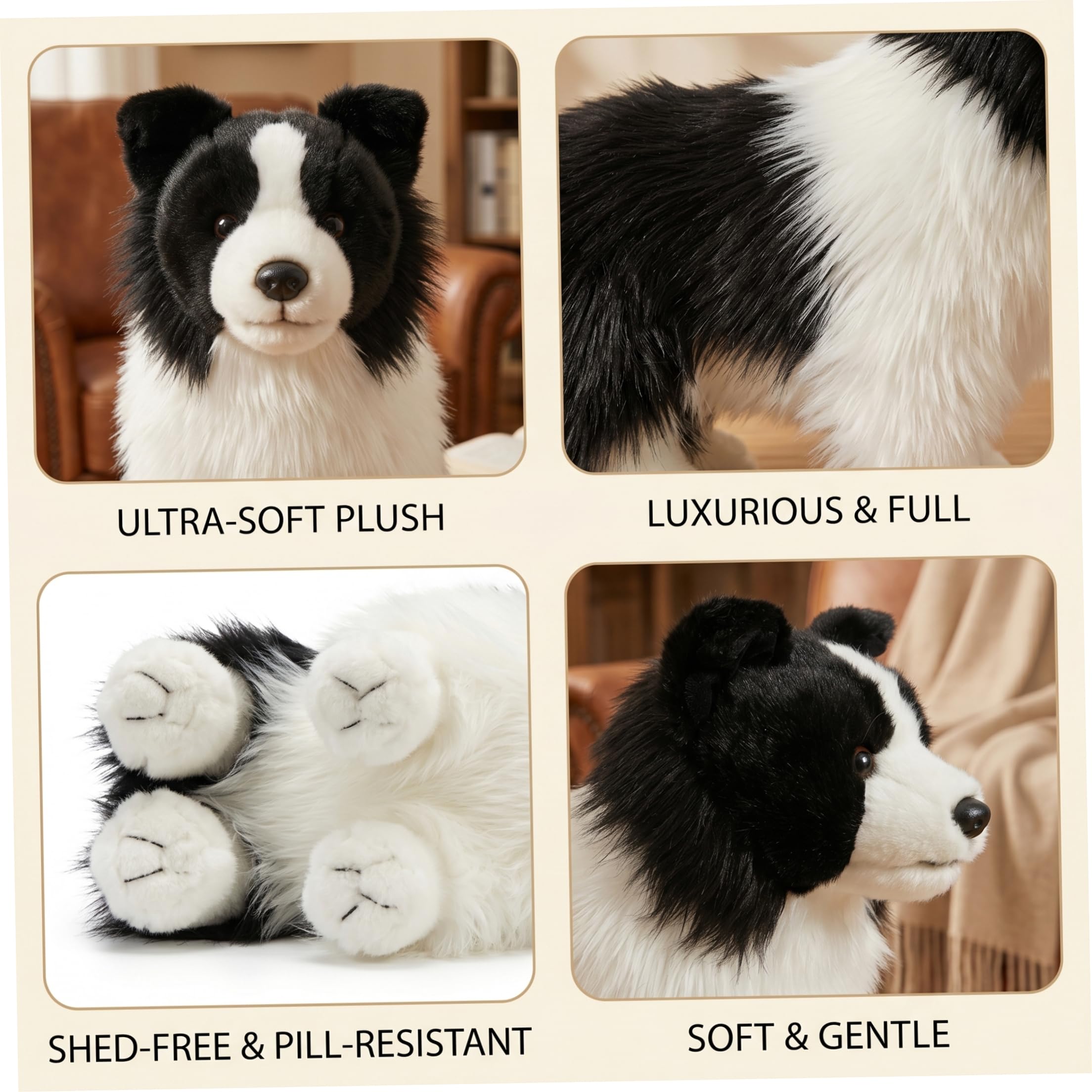 Peluche Border Collie, Animal de Peluche Border Collie Realista - Peluches Suaves para Perros, Blanco y Negro, Animal de para Perros de 27 cm/10, 63 Pulgadas