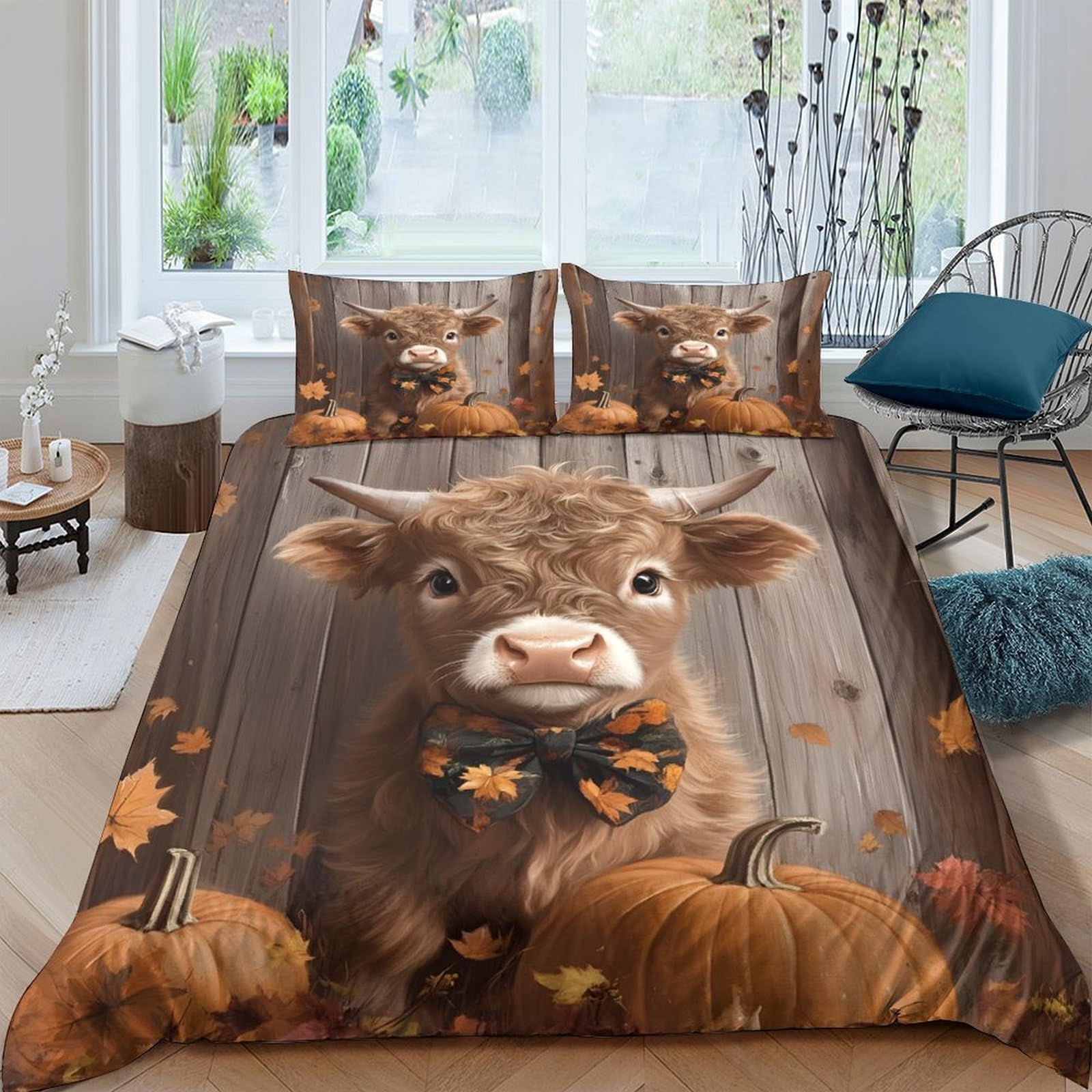 Ctjqhvkz Style-7 3D Printed Autumn Pumpkin Fitted Sheet Microfiber Soft Brown Highland Cow Mattress Cover For Bedroom Guest Room Decor Single（135X200cm）