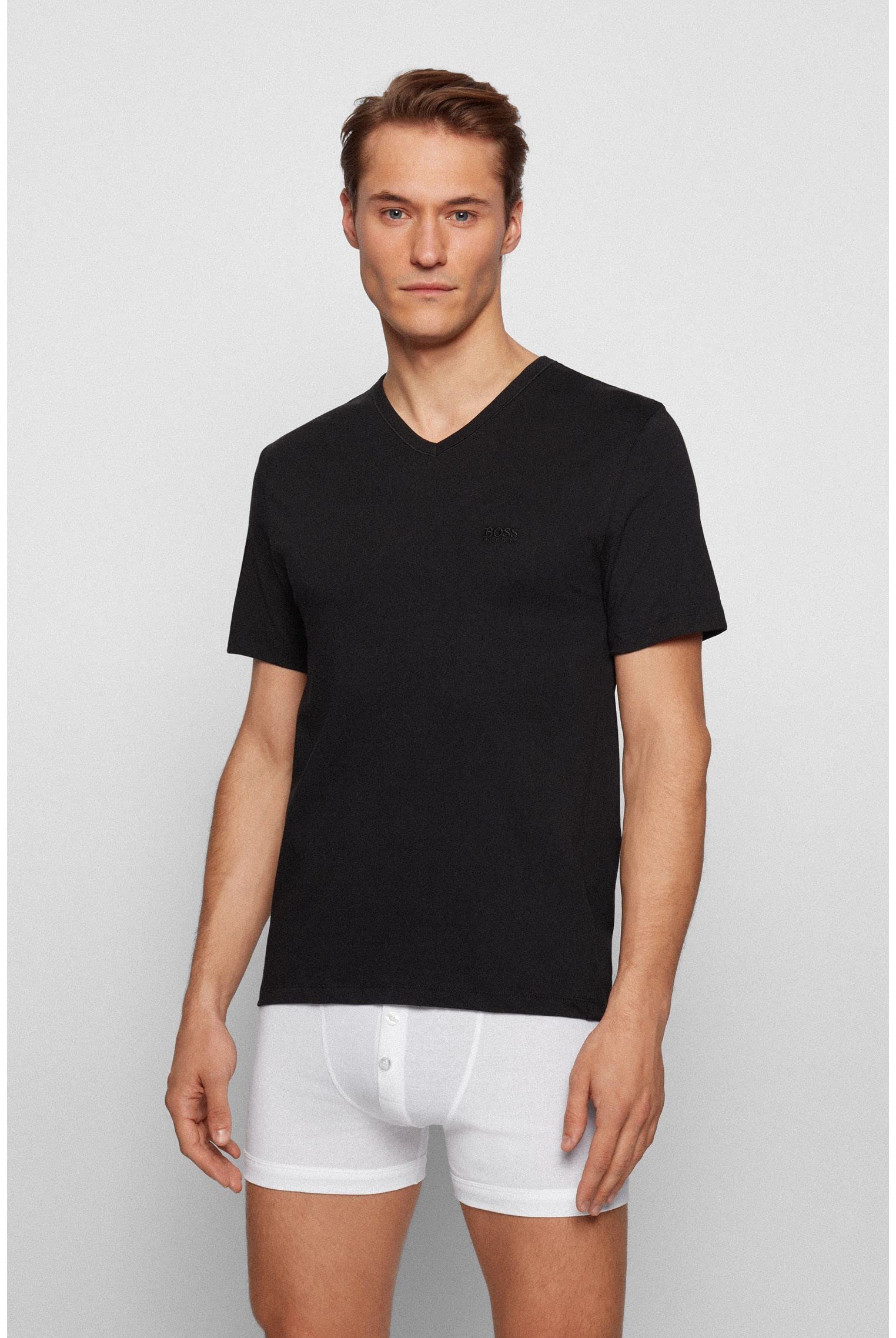 BOSS Męskie klasyczne T-shirty z krótkim rękawem, czysta bawełna, dekolt w serek, 3 sztuki w opakowaniu, czarny, S