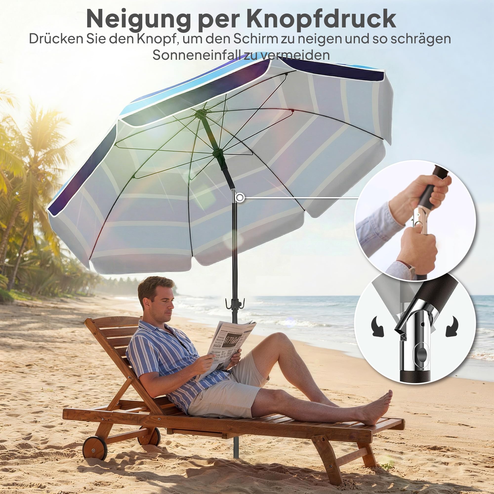 Outsunny Sonnenschirm Strand Ø198 cm UV30+ Strandschirm mit klappbar Tisch Getränkehalter verstellbarer Neigung Balkon-Schirm mit Tragetasche Haken Gartenschirm für Reisen Strand Camping Mehrfarbig