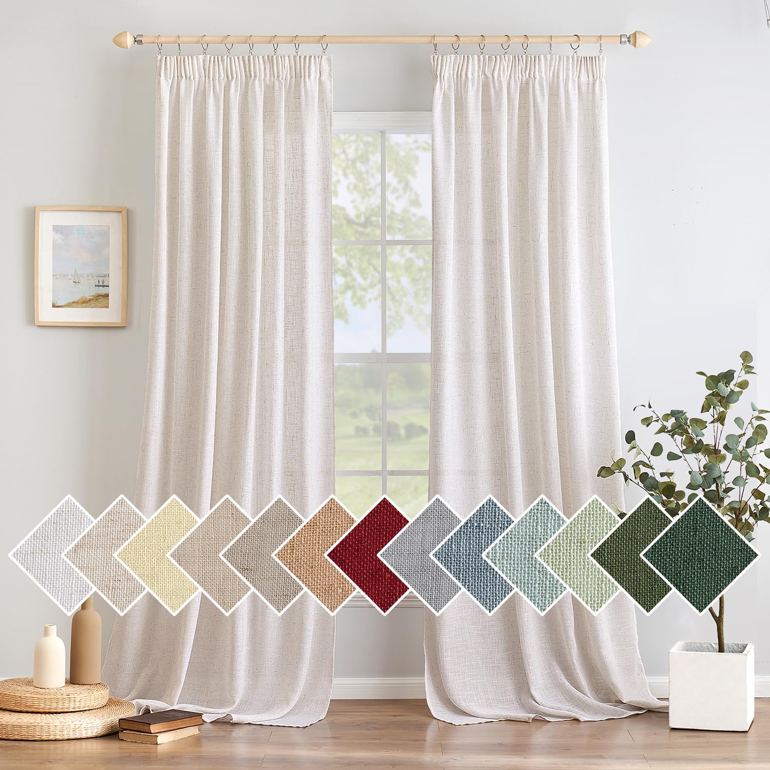 Woaboy Tende per Interni Lino Fettuccia 2Pz 140x270cm Bianco sbiancato | Tessuto effetto lino traslucido, tende decorative per soggiorno e camera da letto, filtrano la luce.