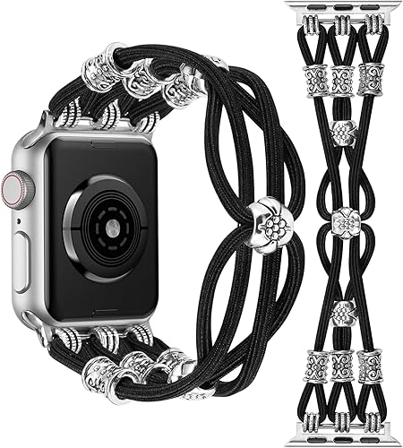 Miniatura 1 de TOYOUTHS Correa bohemia compatible con Apple Watch Band de 1.65, 1.57, 1.57 y 1.49 pulgadas, con cuentas, trenzada, elástica, occidental, elegante,