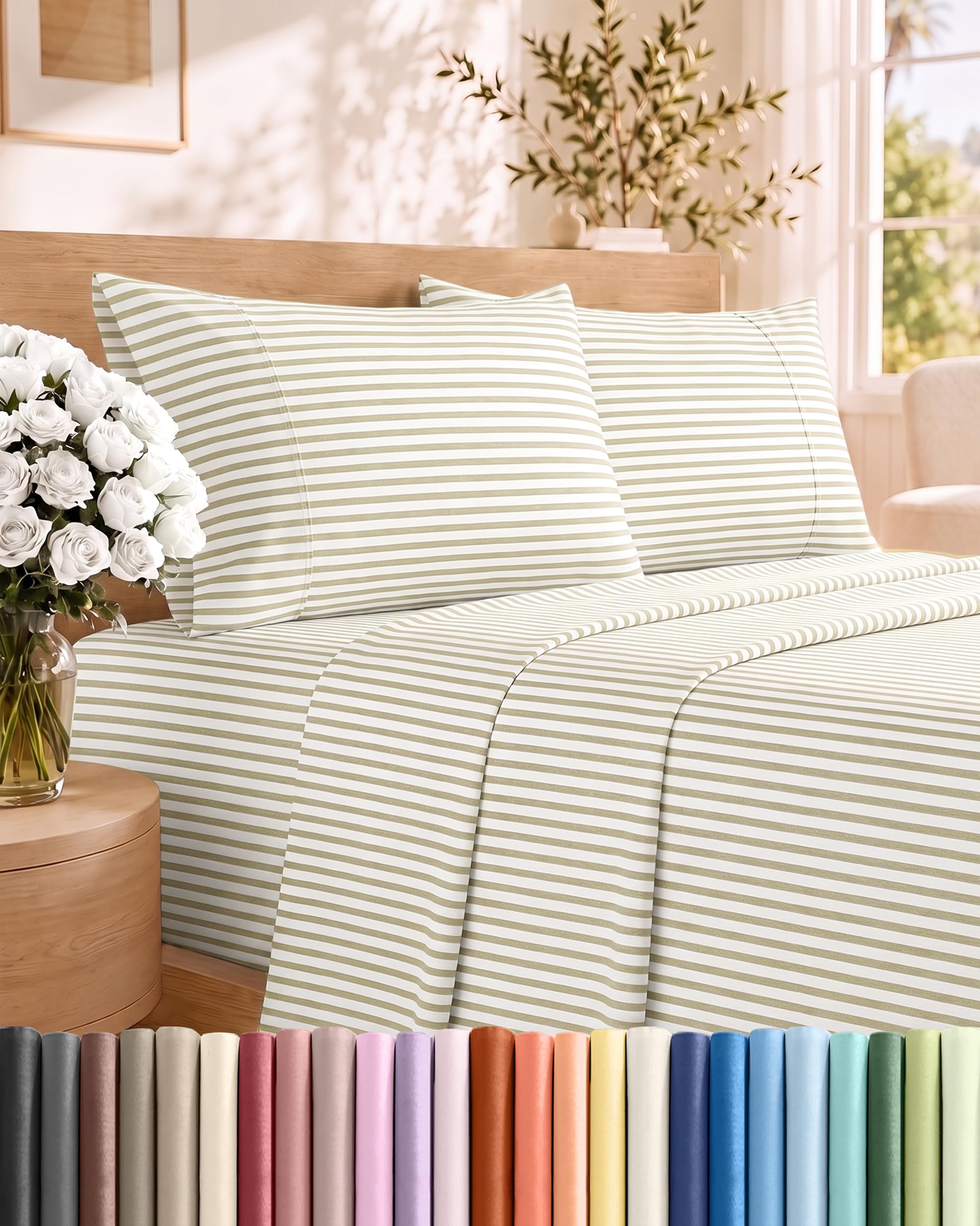 CGK Unlimited Queen Size 4 Piece Sheet Set - Breathable and Cooling Sheets - Beige Stripes