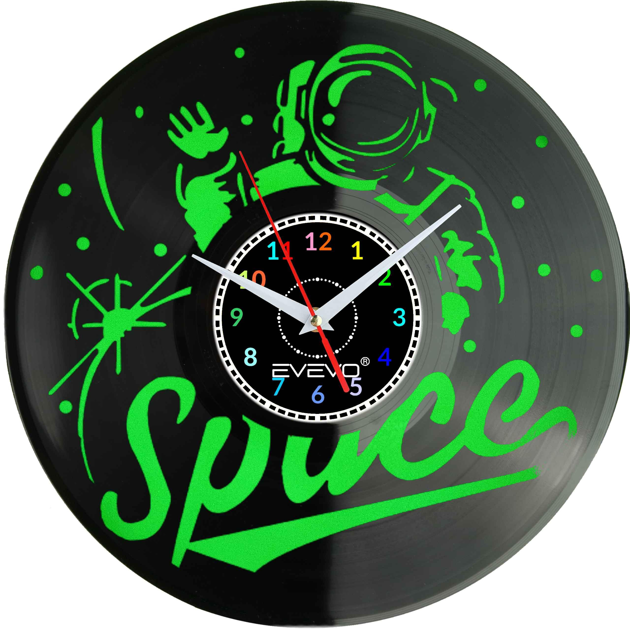 ZEGAR ŚCIENNY KOSMONAUTA ASTRONAUTA FLUORESCENCYJNE TŁO PŁYTA WINYLOWA PREZENT UPOMINEK URODZINY GIFT SOUVENIR F0038