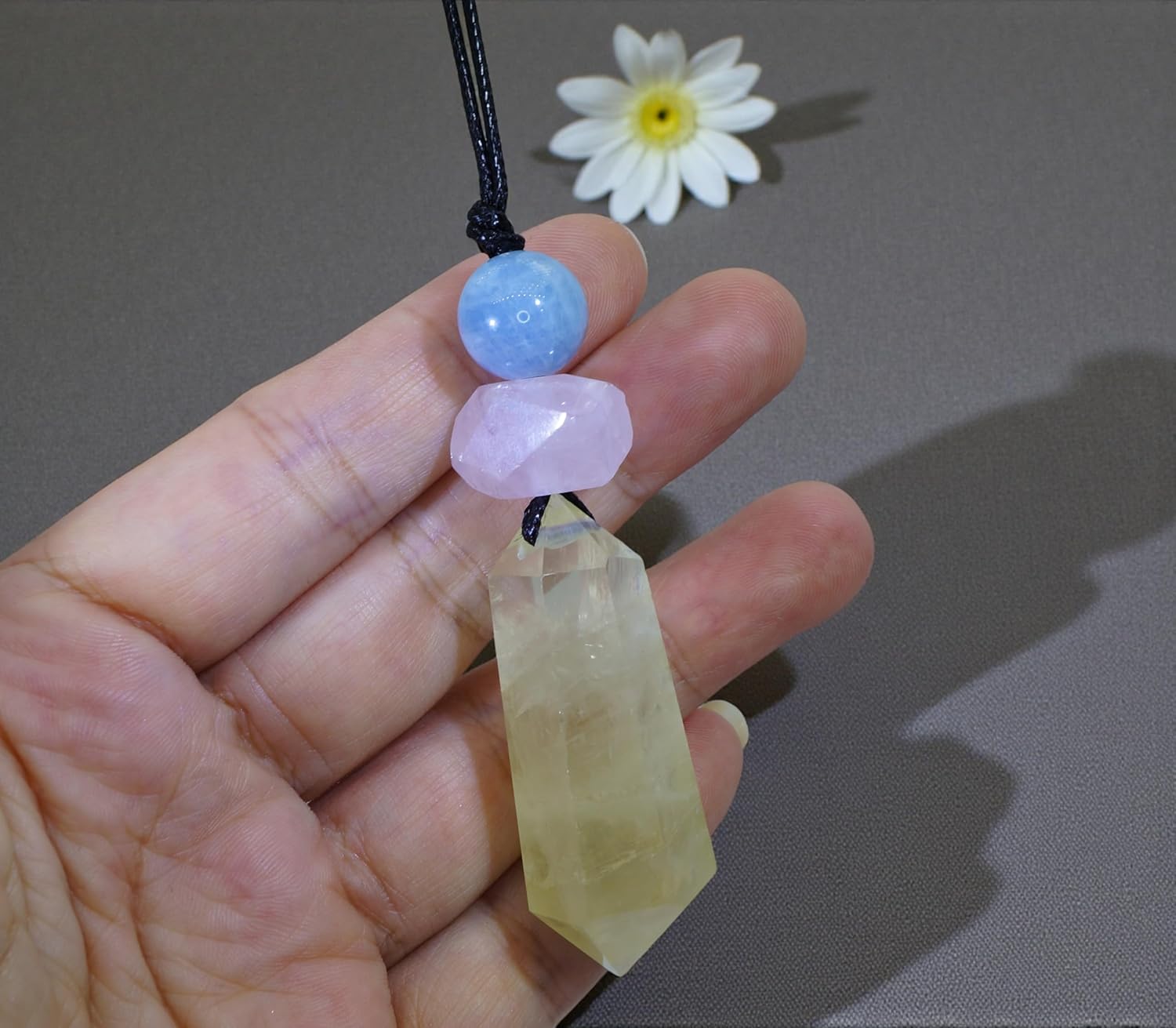 Natural Citrine Rose Quartz Aquamarine Crystal Necklace - Healing Crystal Point Pendant for Women Men - Adjustable Leather Cord 30", Reiki Spiritual Jewelry, Chakra Stones Gift for Wellness and Abundance