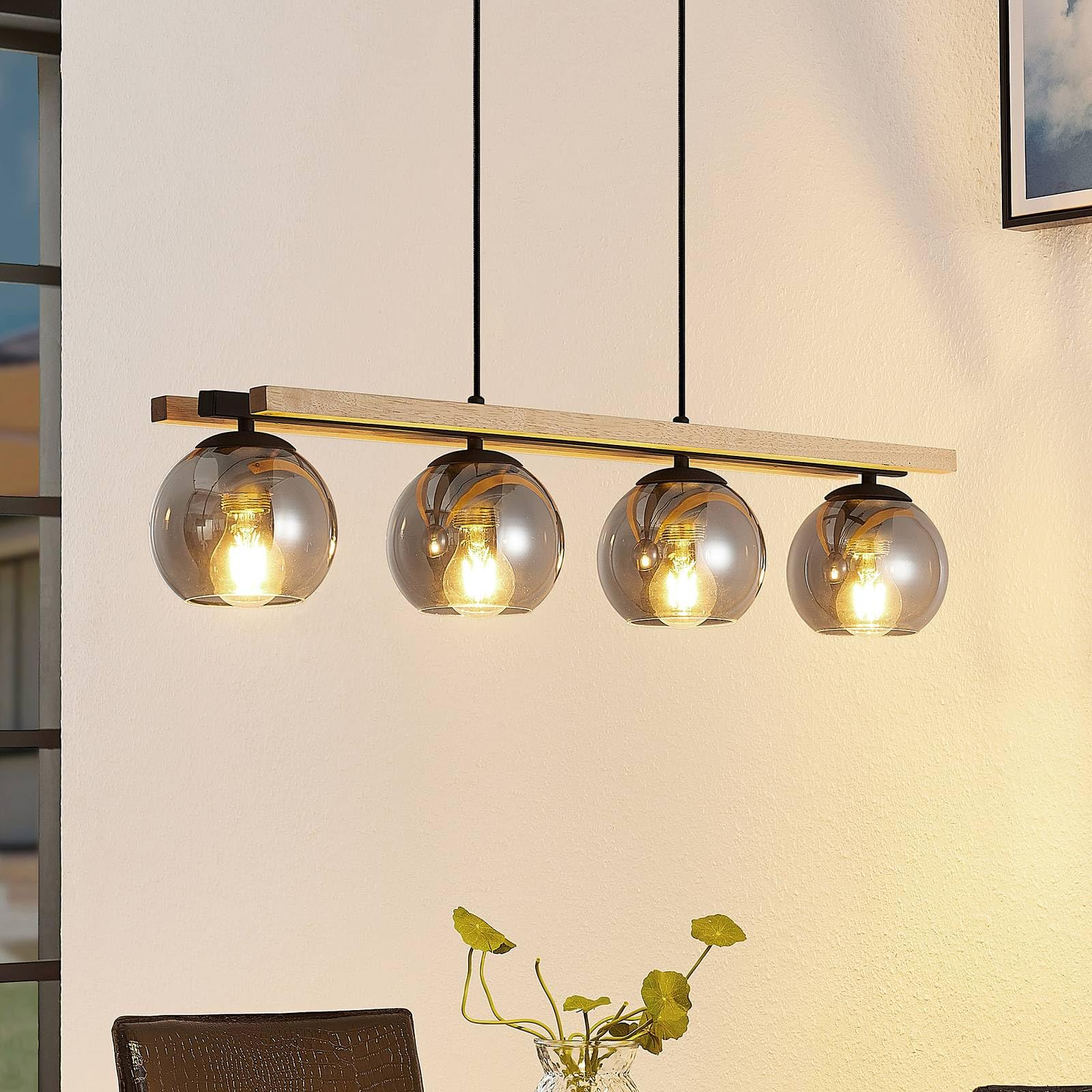 Lindby Smoke Grey, Light Oak, Black Ceiling Light Enrique Dimmable (Modern) In Brown Made Of Glass For E.g. Living Room & Dining (4 Light Sources, E27) From Pendant Lighting Lamp Hanging Ceiling