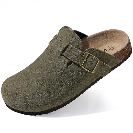 KIDMI Women's Genuine Suede Clogs Cork Footbed Sandals Leather Mules Potato Shoes with Arch Support