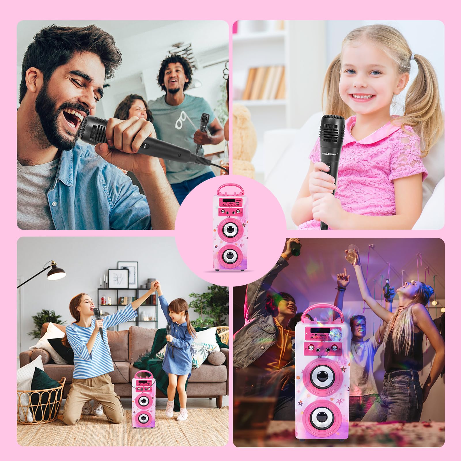 DYNASONIC Przenośna maszyna do karaoke, 2 mikrofony, głośnik Bluetooth, światła, czytnik USB i SD, prezent dla dzieci w wieku 5-13 lat (025-15 LIGHTS)