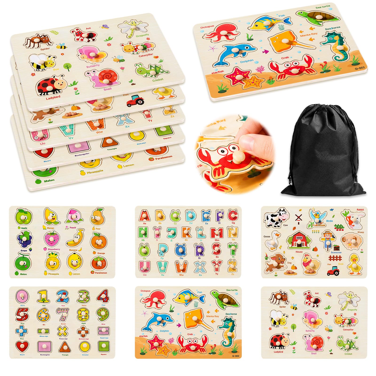 KASURE Wooden Peg Puzzles for Toddlers 3-5, 6 PCS Montessori Wooden Puzzles