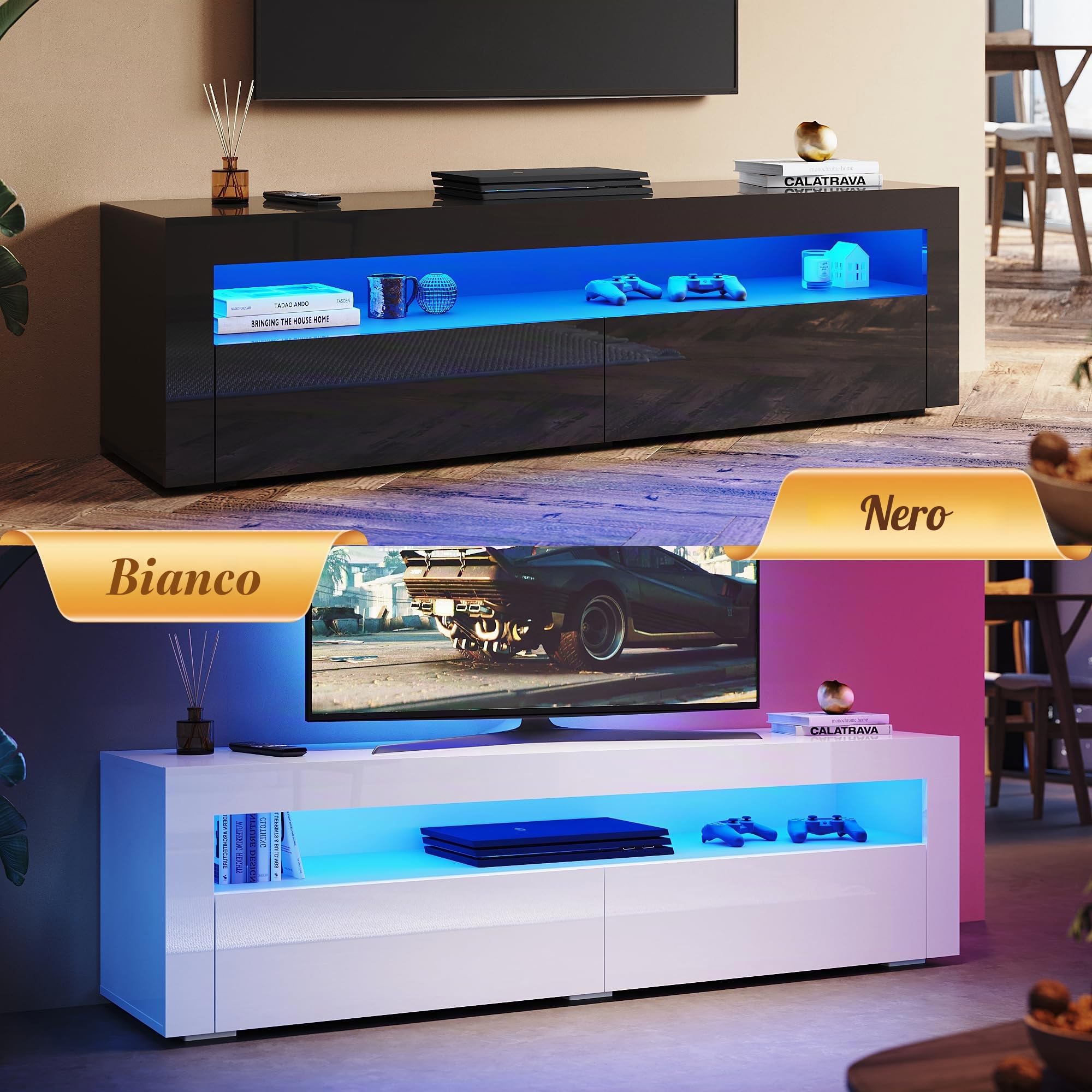 Mobile TV bianco lucido, 160 cm, con illuminazione a LED, 160 x 40 x 45 cm (larghezza x profondità x altezza), per soggiorno, moderno, mobile in legno