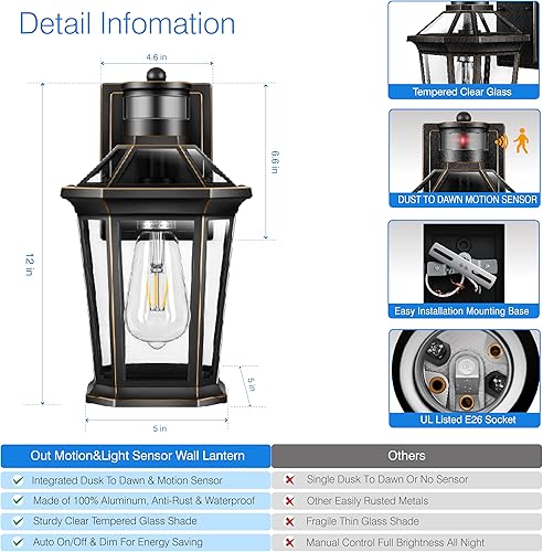 Miniatura 7 de VIANIS Farol de pared para exteriores con sensor de movimiento, negro, impermeable, lámpara LED de pared exterior del atardecer al amanecer,
