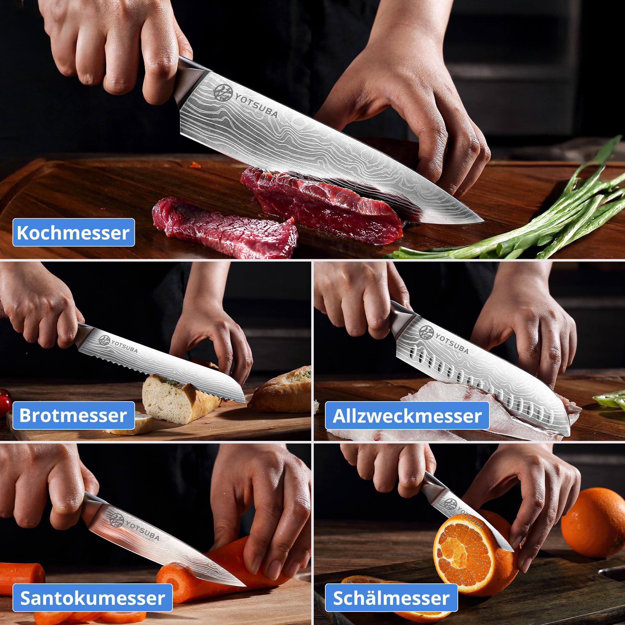 YOTSUBA Küchenmesser Set 5-teilig Messerset Scharf Küche aus hochwertigem Carbon Edelstahl, Ultra Scharfes Messerset mit Kochmesser, Brotmesser, Santokumesser, Allzweckmesser, Gemüsemesser