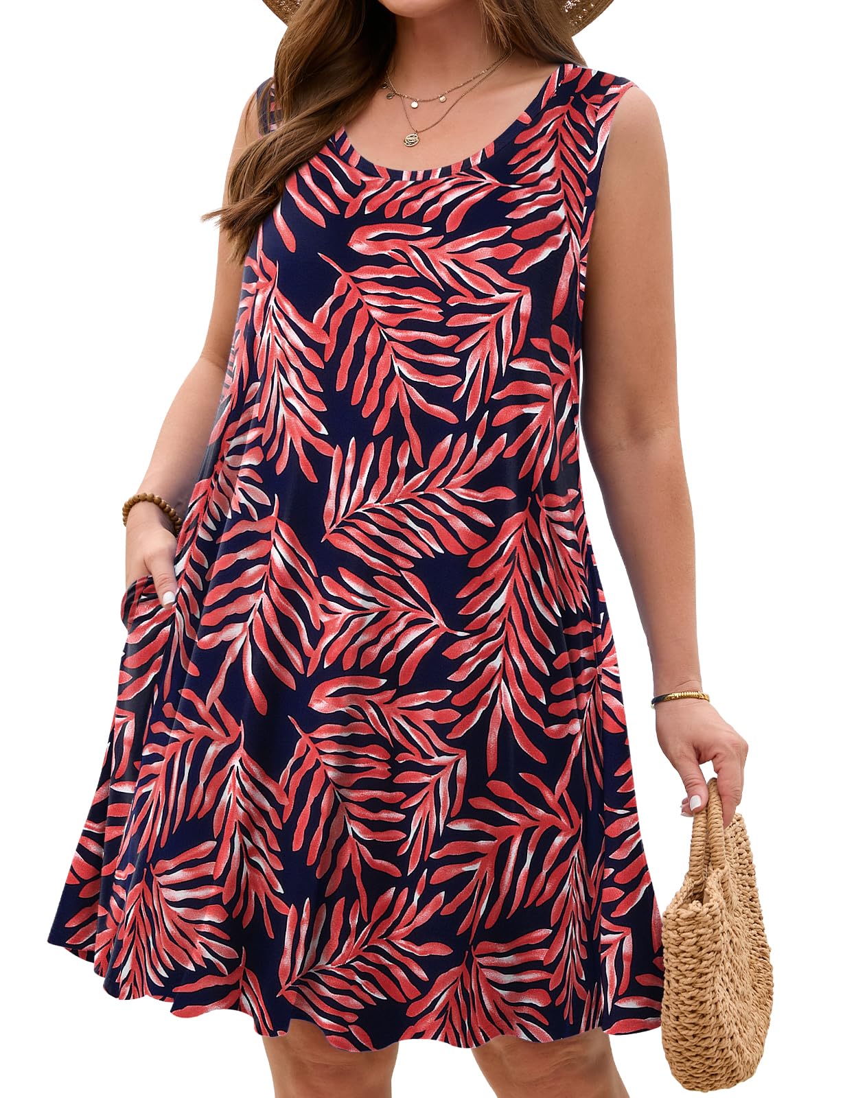 JollieLovin Women Plus Size Curvy Summer Tank Sun Dresses Sleeveless Causal T-Shirt Dress Beach Swing Cover up(L-5X)