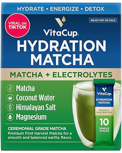 VitaCup Paquetes instantáneos de hidratación matcha, para energía natural y desintoxicación, con electrolitos, matcha orgánica de grado ceremonial,