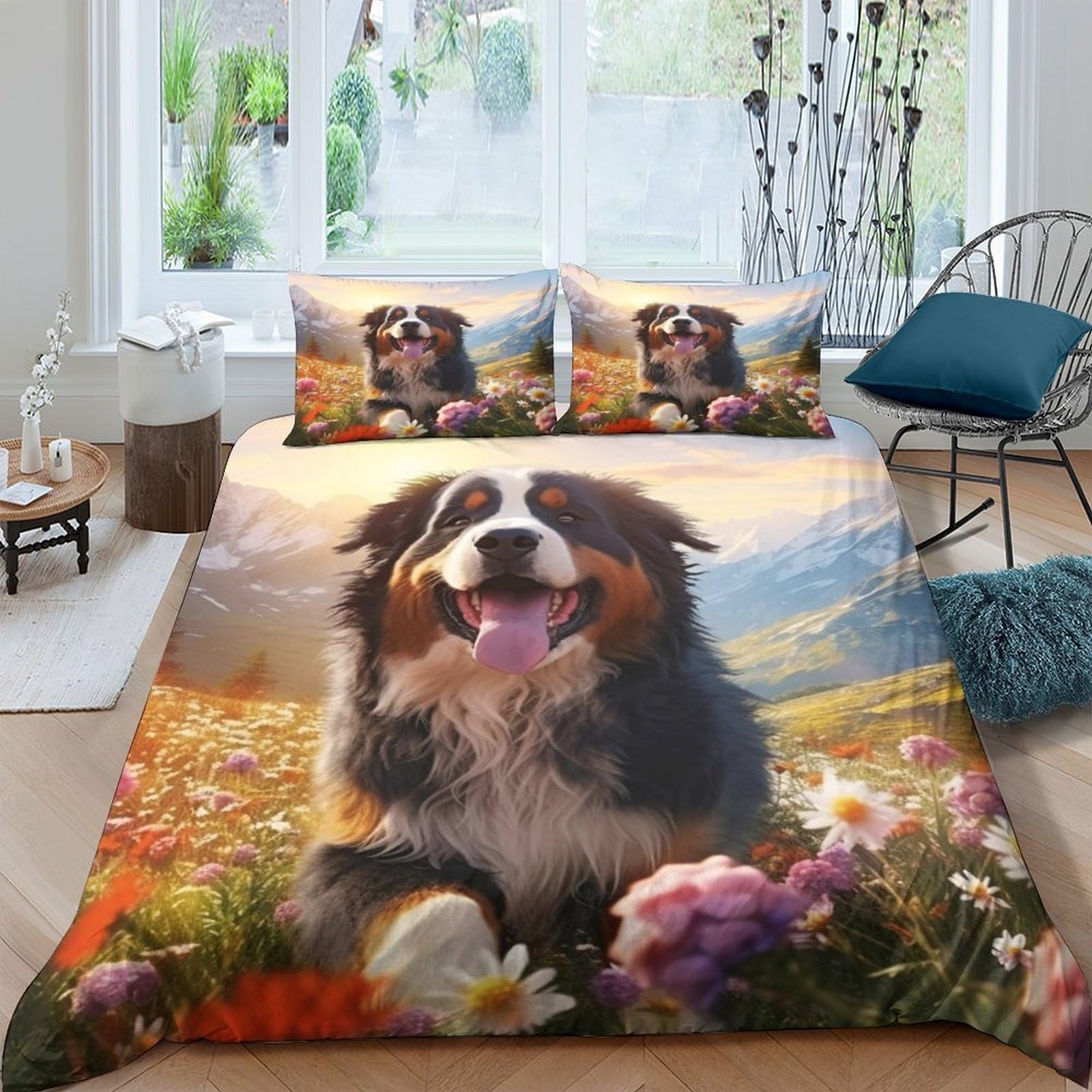 Ctjqhvkz Style-6 3D Printed Bernese Mountain Dog Fitted Sheet Microfiber Floral Meadow Mattress Cover For Bedroom Guest Room Decor Single（135X200cm）