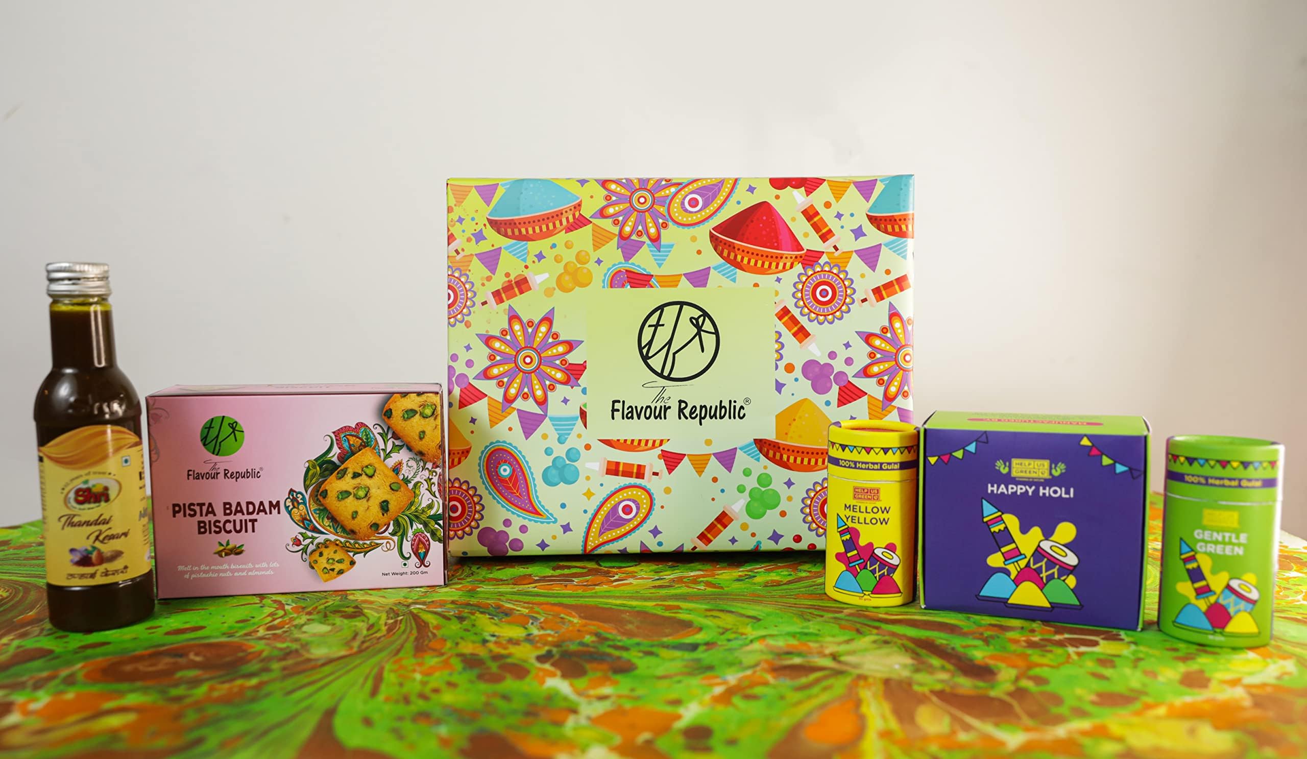The Flavour Republic Classic Gift Hamper Diwali/Pista Badam Biscuits, Quinoa Puffs, Kesar Thandai, Organics Gulaal (2 colours)/ Dry Fruit Biscuits/Holi Friends & Family Gifts/Corporate Gifting
