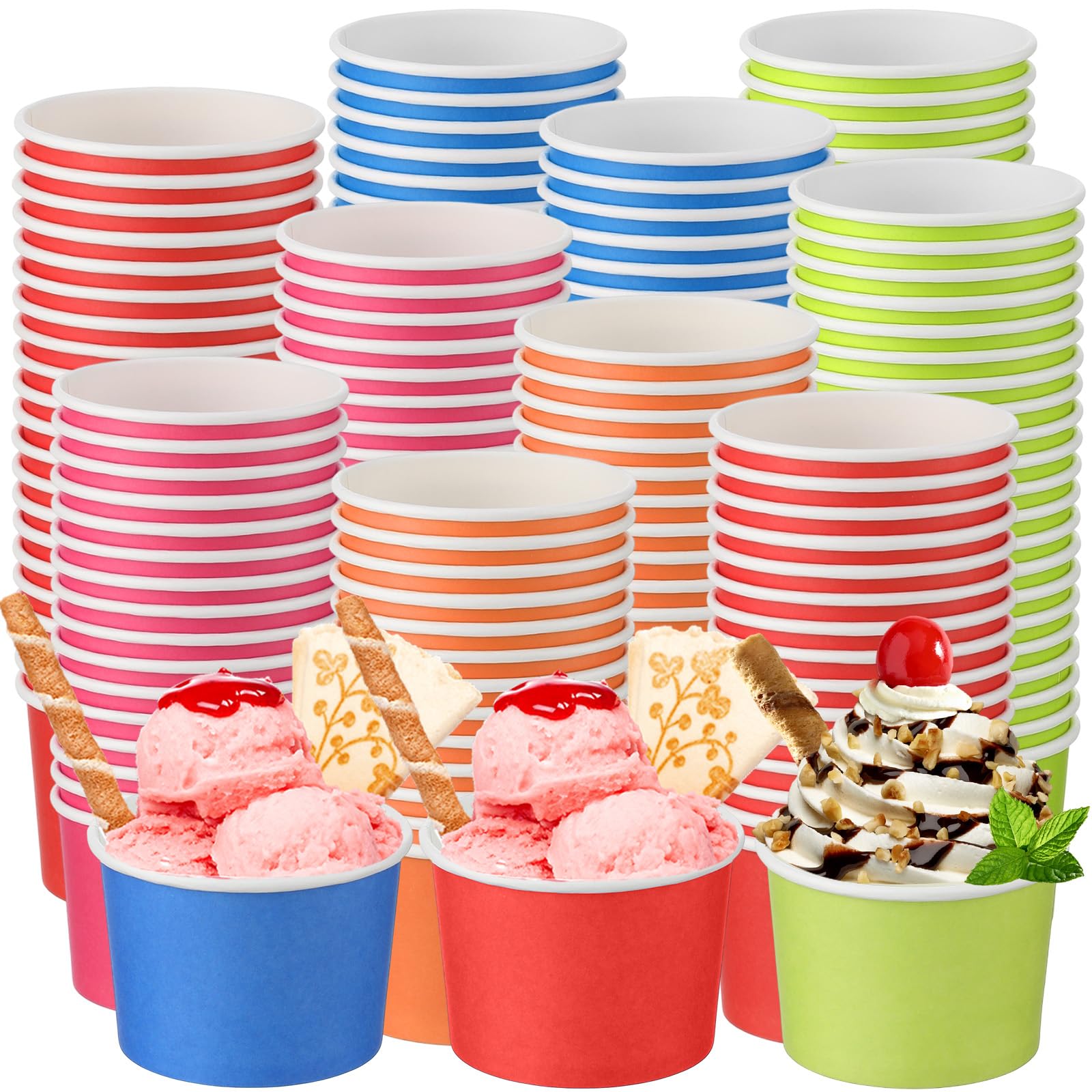 Honeydak 200 Pack Ice Cream Cups 5 oz Red Pink Orange Blue Green Striped