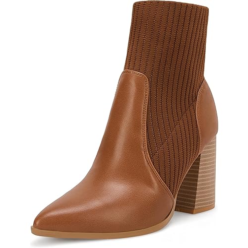 Ermonn Womens Pointed Toe High Heels Ankle Boots Zipper Block Chunky Heel Knit Elastic Fall Winter Dressy Booties