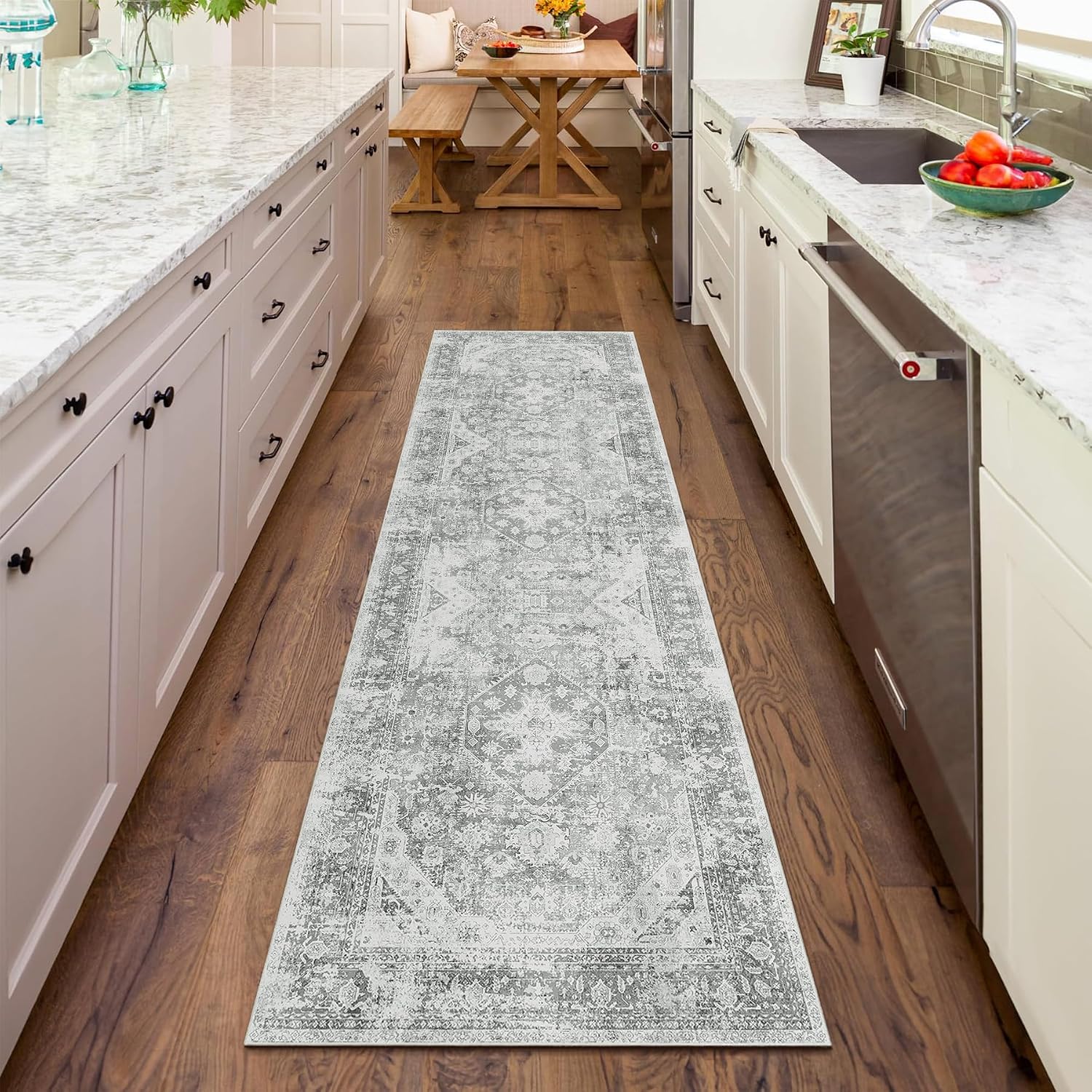 MUJOO 2x8 Runner Rug,Washable Runner Rugs for Hallway Kitchen Entryway Bedside Bathroom,Boho Area Rug Carpet Runner Long Non Slip Throw Rug Modern Soft Grey Floral