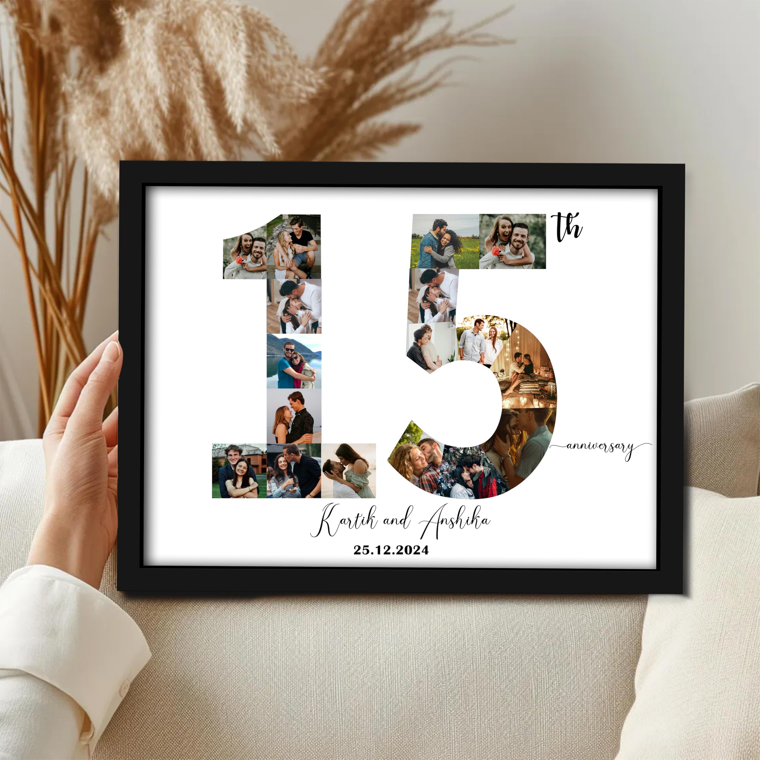 SNAP ART Customized and Personalize Anniversary Gift with Date for the special people in your life | 15th Anniversary Customized Photo with Frame | Gifting for Couples 17 Images, 13x18 Inch