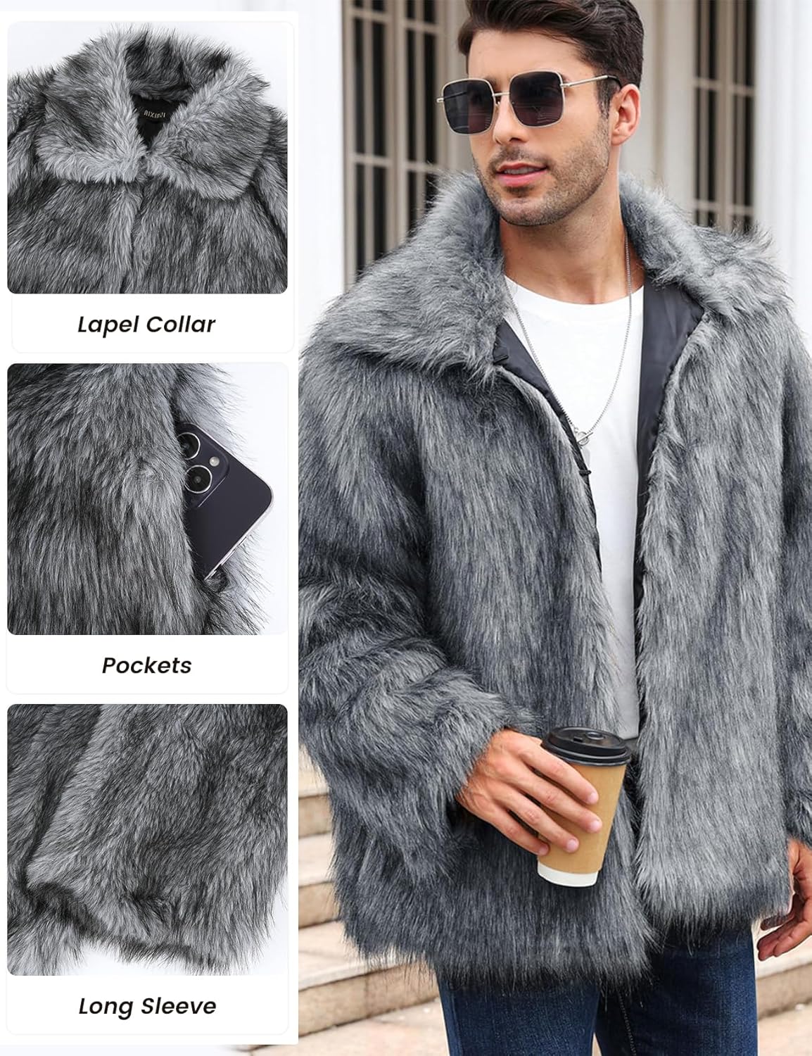 Yimoon Mens Faux Fur Coat Winter Luxury Fluffy Jacket Warm Lapel Collar Furry Parka Jacket Overcoat - Image 3