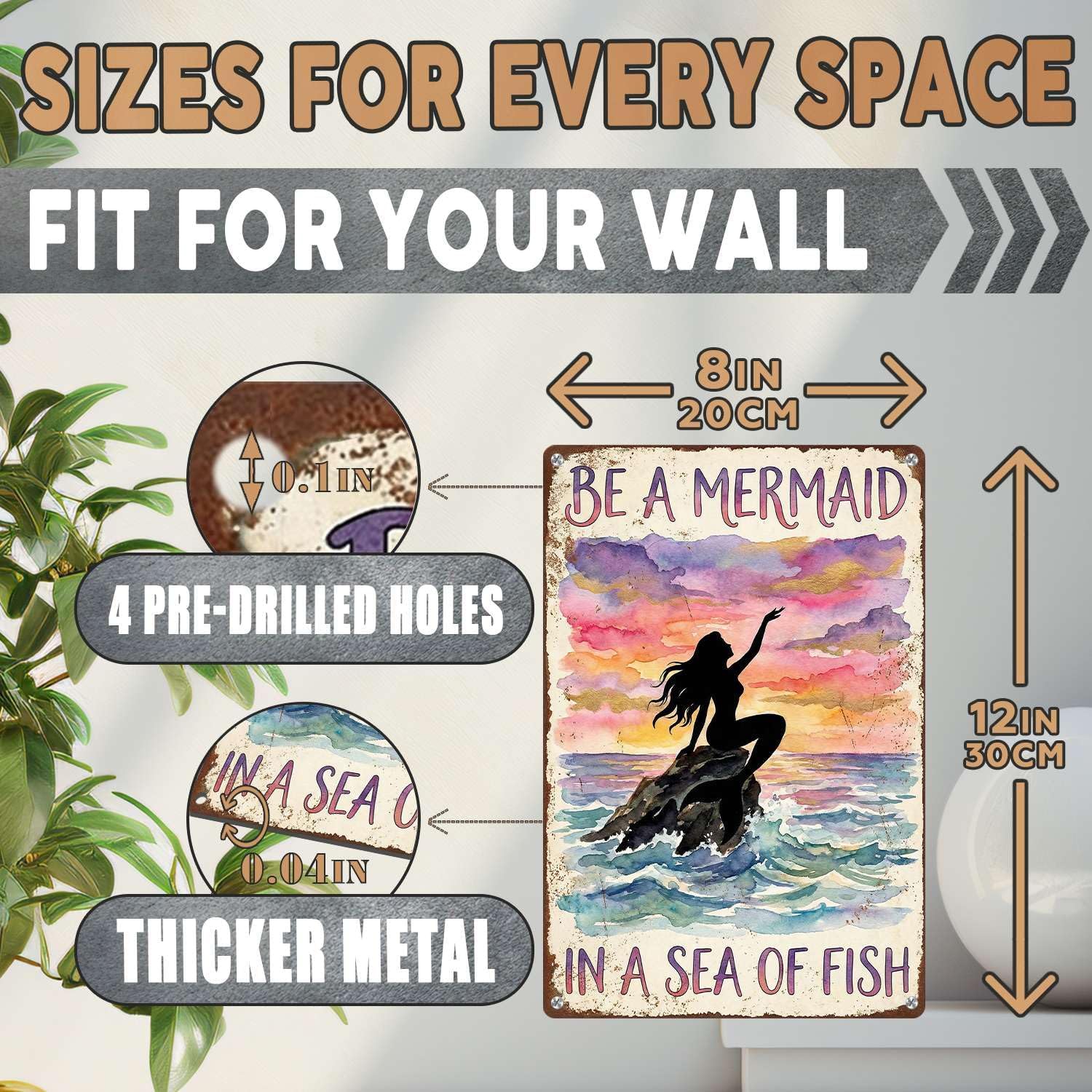 Mermaid Tin Sign Be A Mermaid In A Sea Of Fish Coastal Wall Decor Metal Plaque For Bathroom Bedroom Pool 8x12 inch image 2