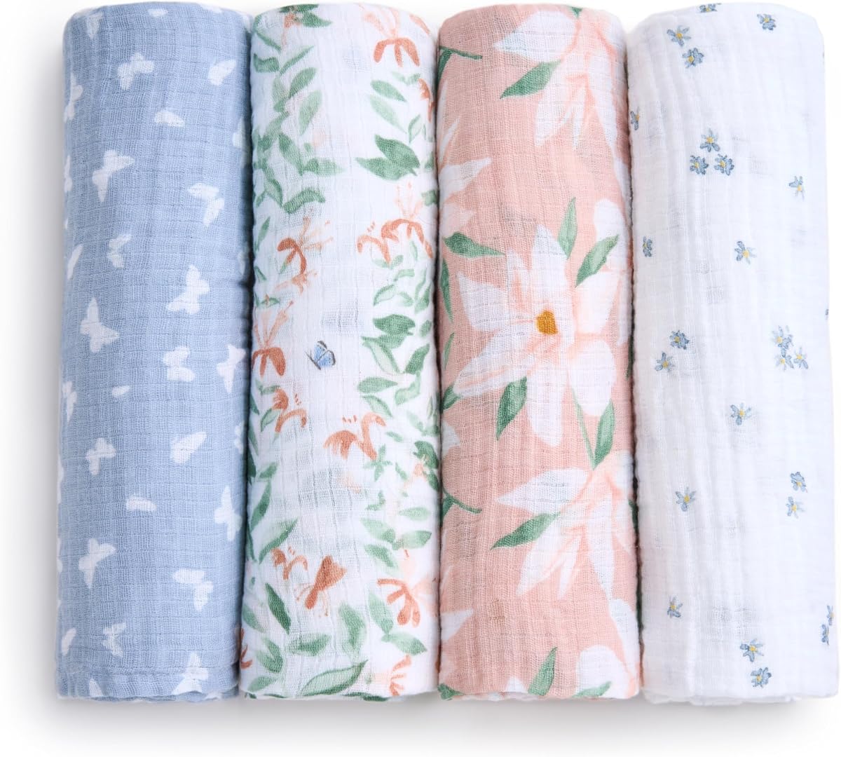 aden + anais Essentials - Manta de muselina de algodón, transpirable, ideal para niños, niñas, recién nacidos, bebés y lactantes, manta de recepción, envoltura suave y ligera, paquete de 4, jardín de mariposas