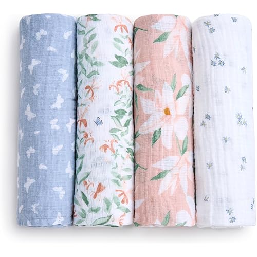 aden + anais Essentials Cotton Muslin Swaddle, Breathable Baby Blanket, Ideal for Boys, Girls, Newborns, Babies & Infants, Receiving Blanket, Soft and Lightweight Wrap, 4 Pack, Butterfly Garden