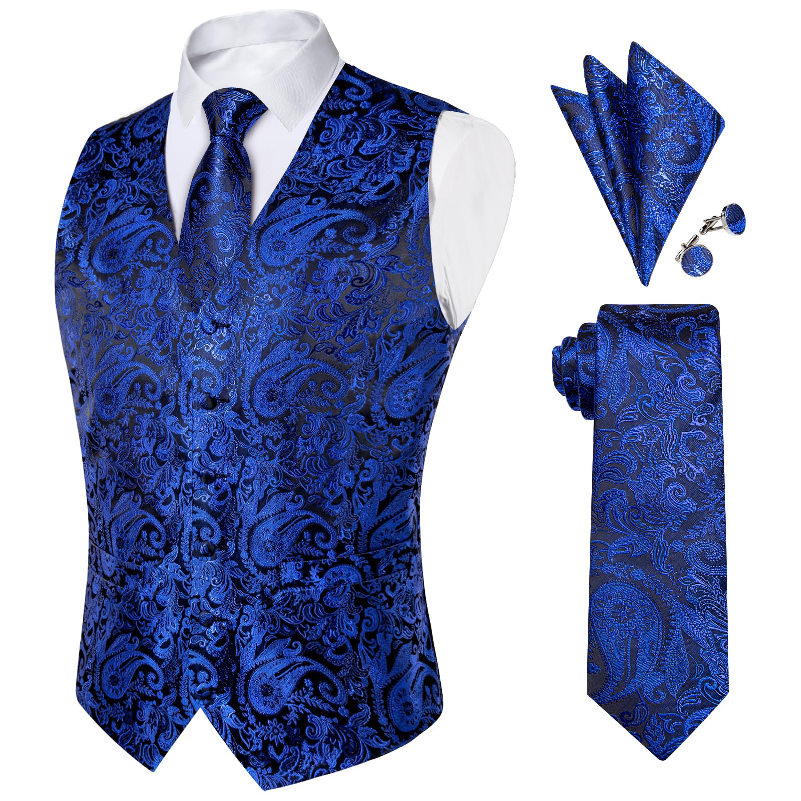 DiBanGu Mens Paisley Vest Silk Sleeveless Suit Vest and Neck Tie Pocket Square Cufflinks Set for Wedding Formal