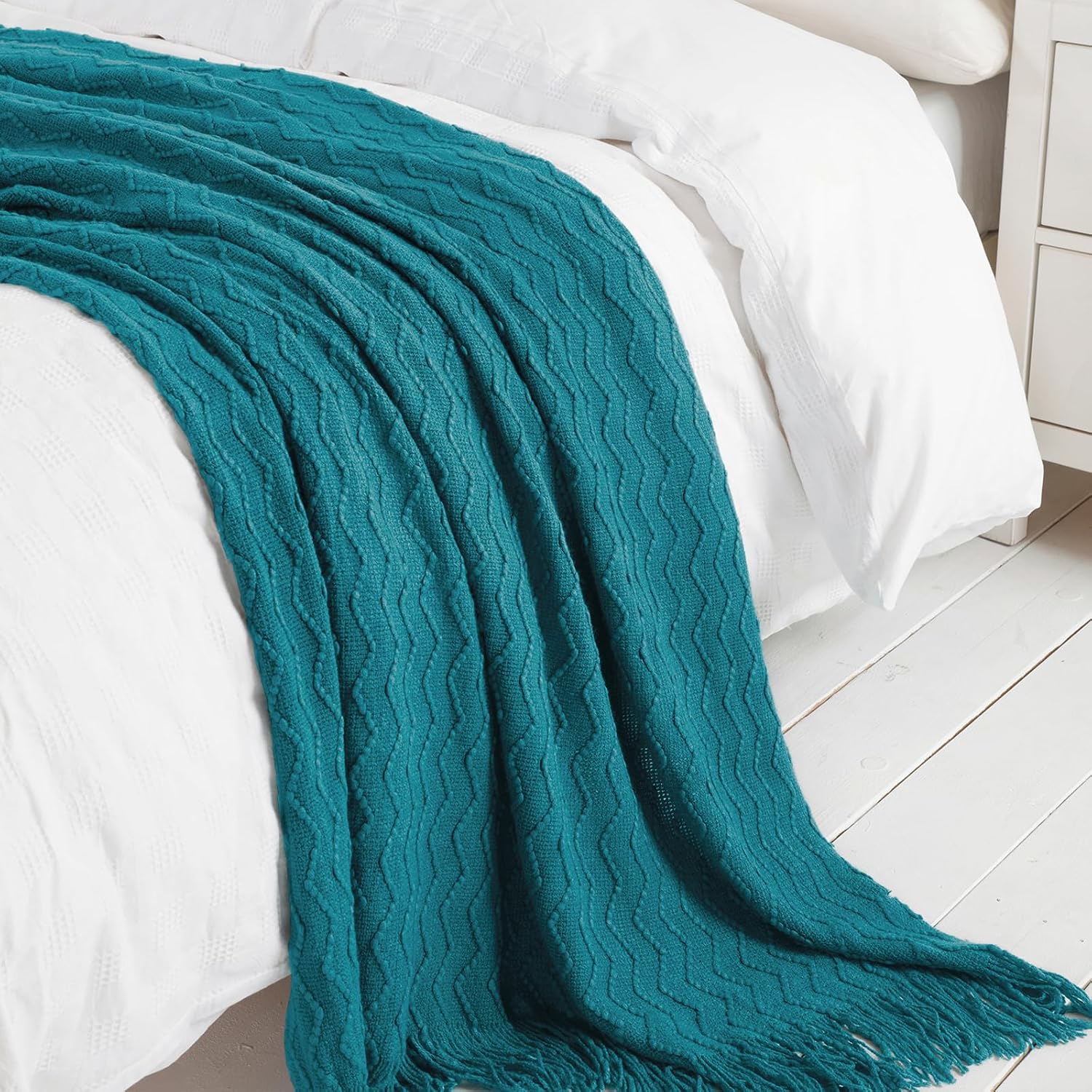 BOURINA Teal Throw Blanket 50x60 Inches Throw Textured Solid Soft Sofa Couch Decorative Knit Blanket - Image 4