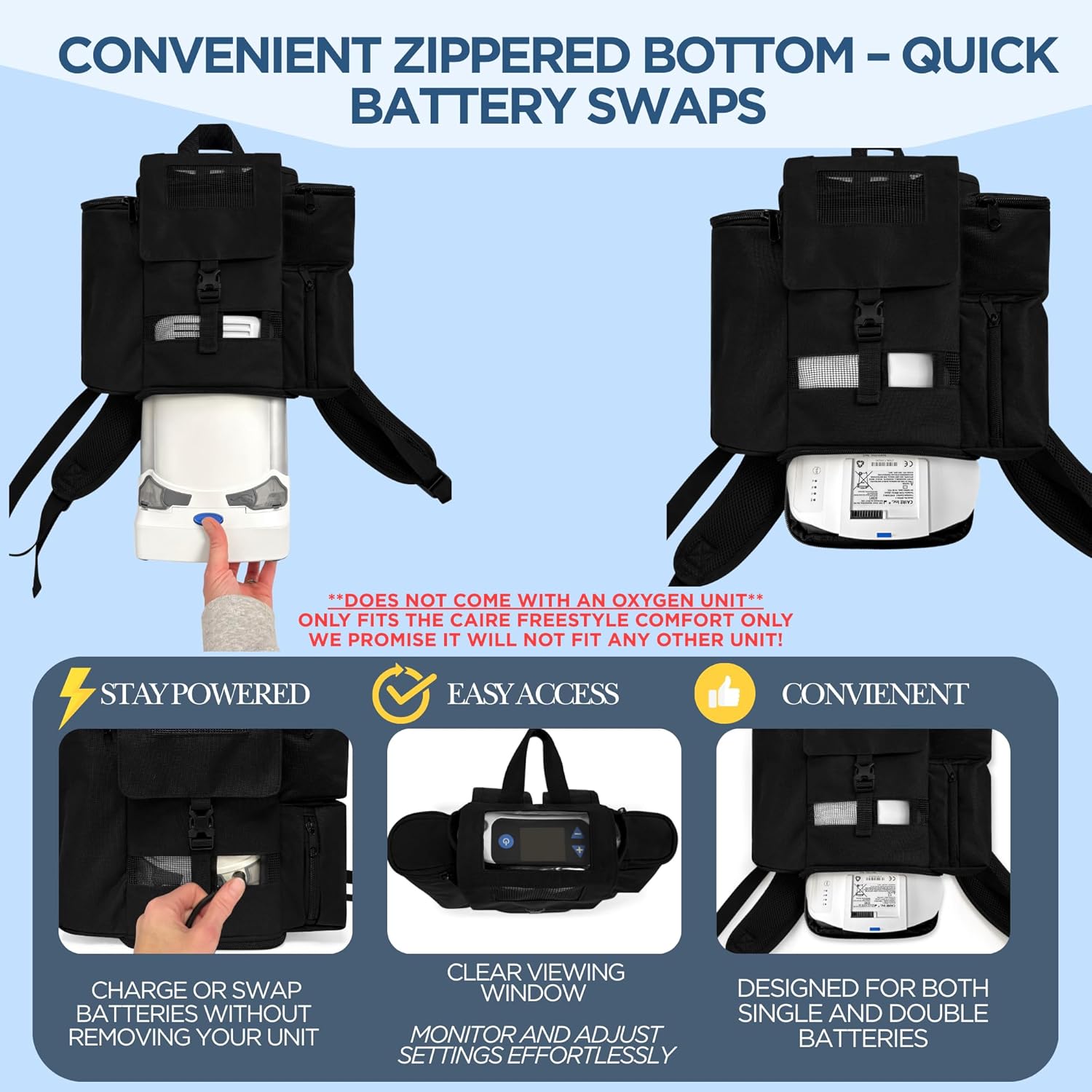 O2TOTES WEAR YOUR OXYGEN WITH STYLE Backpack Fit For Caire Freestyle Comfort; Zippered bottom, pockets for accessories, padded backpack straps, backpack only